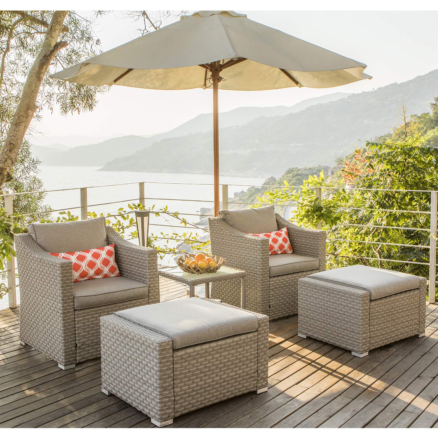 5-Piece Outdoor Patio Furniture Set - Gray Wicker Sectional Sofa with Thick Cushions, Glass-Top Coffee Table & 2 Ottomans - Includes 2 Decorative Coral Pillows - Perfect for Garden, Poolside, Backyard & Patio Relaxation