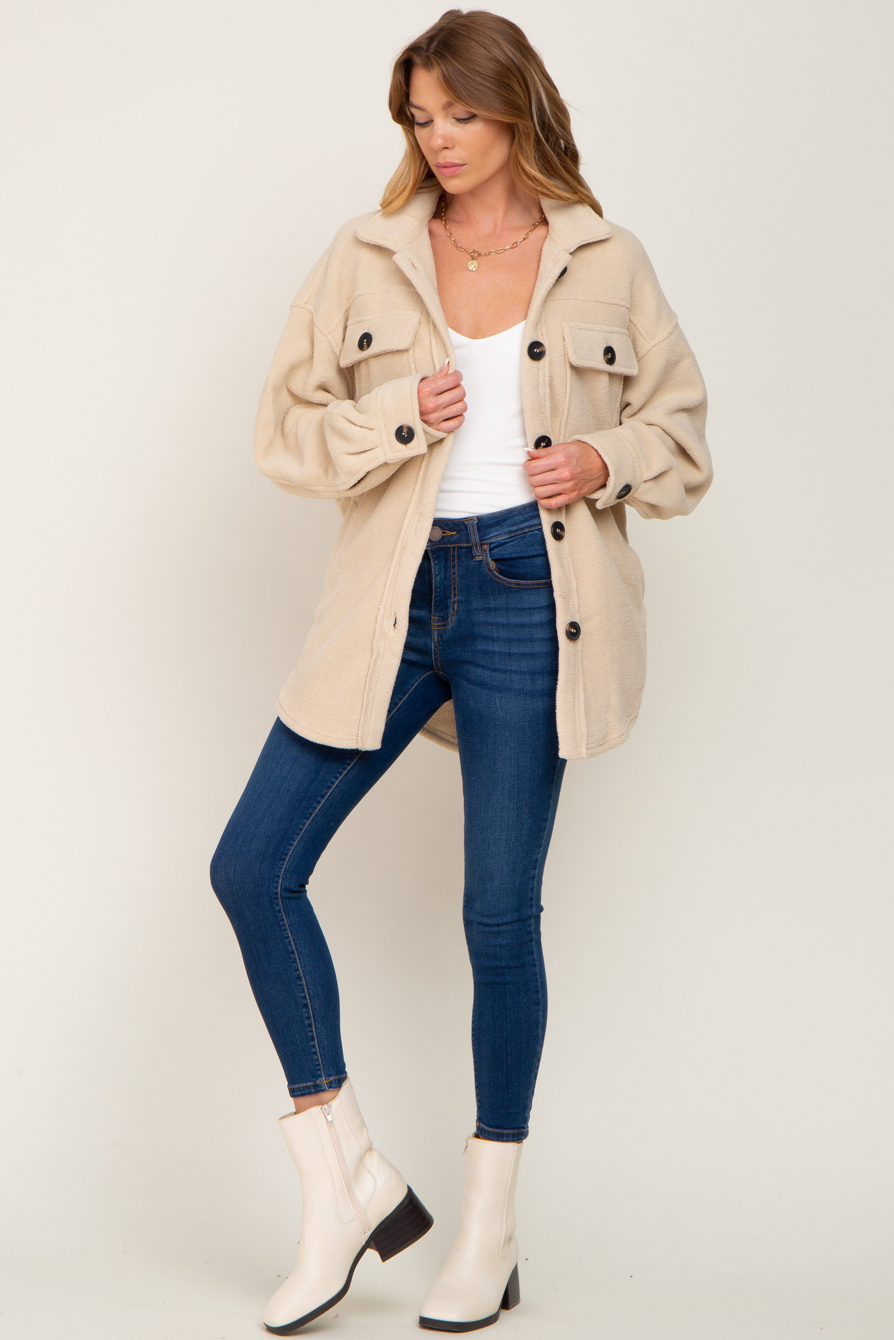 Cozy Beige Fleece Shirt Jacket for Women & Men - Soft Warm Pullover with Pockets - Perfect for Fall, Winter & Outdoor Activities