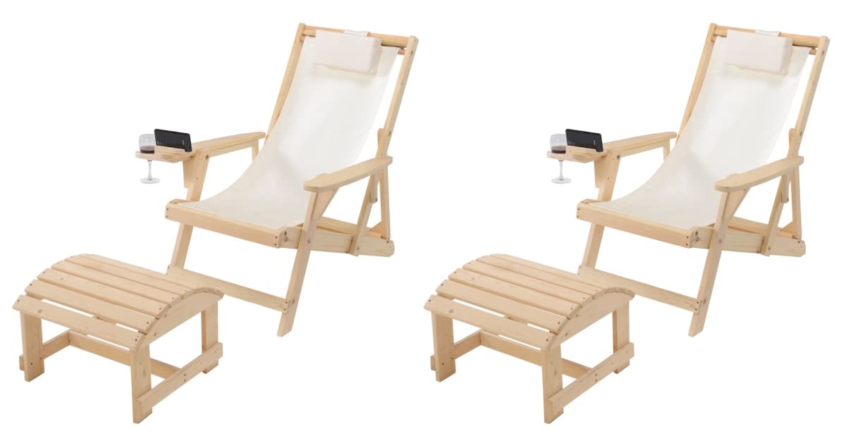 Romantic Collection Canvas Sling Chair Set with Cup & Wine Holder + Ottoman (4-Piece) - Perfect for Patio, Garden, Poolside & Outdoor Relaxation