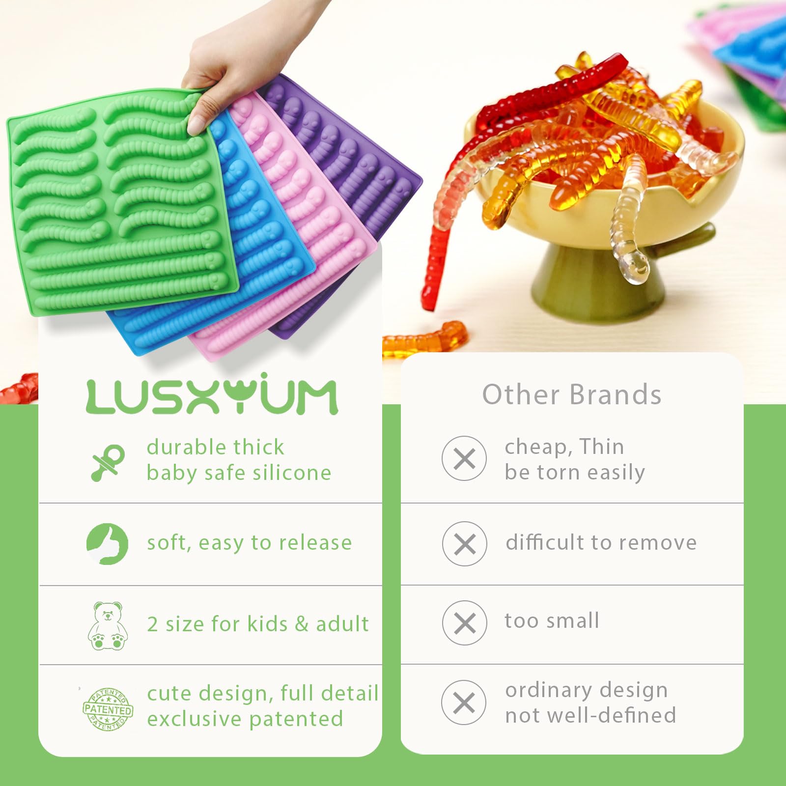 Premium Silicone Gummy Worm Molds Set (4PCS) - 60 Cavity Non-Stick Chocolate & Candy Molds in 6ML & 14ML Sizes with 2 Droppers & Brush - Perfect for Halloween Treats, DIY Candy Making, Kids Birthday Parties & Baking Gifts