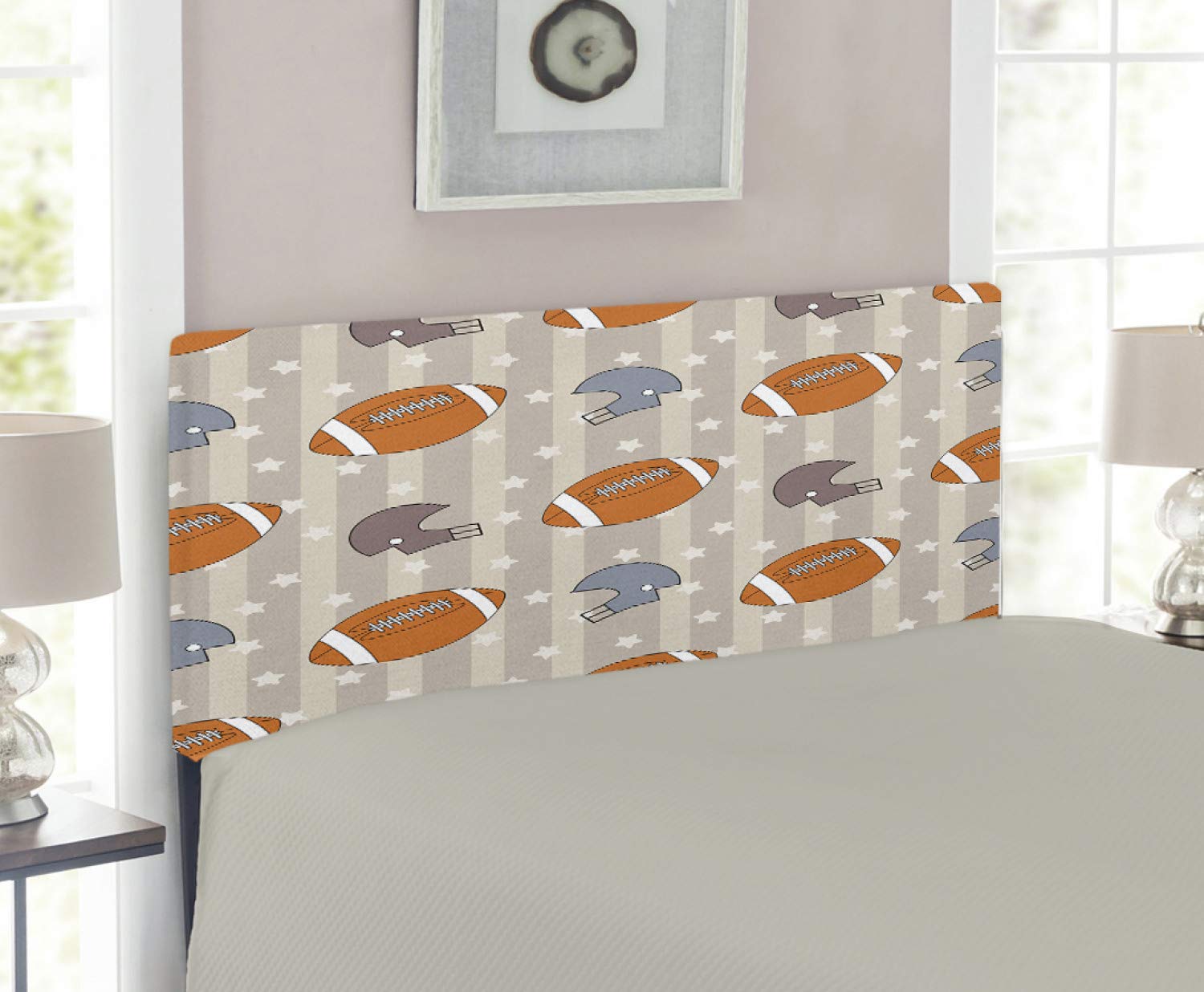 Lunarable Football Headboard - Faded Stars & Stripes USA Retro Tile Design, Upholstered Decorative Metal Bed Headboard with Memory Foam, Twin Size in Orange Mauve Slate Blue - Perfect for Sports-Themed Bedrooms & Teen Boy's Room Decor