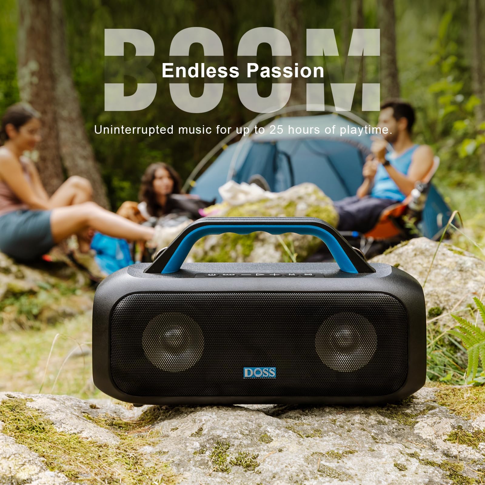 DOSS Extreme Boom S Bluetooth Speaker - 60W Wireless Portable Speaker with Stereo Sound, Rich Bass, IPX6 Waterproof, 25H Playtime, TWS & LED Lights - Perfect for Camping, Beach, Pool Parties, Hiking & Outdoor Adventures (Blue)