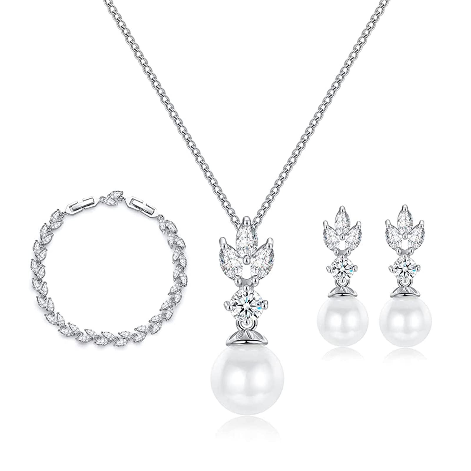 EPIRORA Pearl Earrings Necklace Bracelet Set - Elegant Cubic Zirconia Wedding Jewelry for Bride & Bridesmaid | Women's Prom Party Jewelry Set | Perfect for Weddings, Anniversaries & Special Occasions