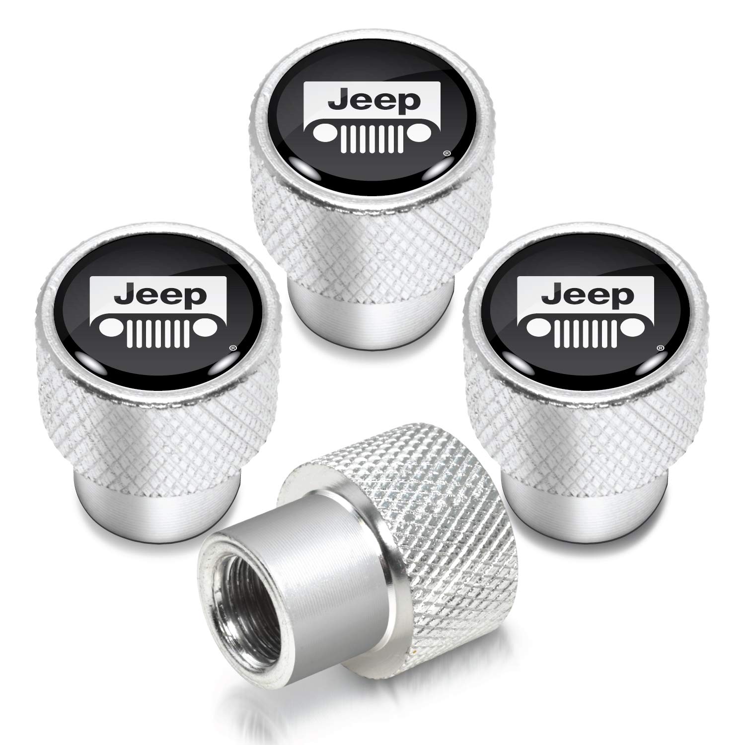 Black Jeep Grill with Shining Silver Aluminum Tire Valve Stem Caps - Off-Road Accessories for Jeep Wrangler & Gladiator - Perfect for Customization & Outdoor Adventures