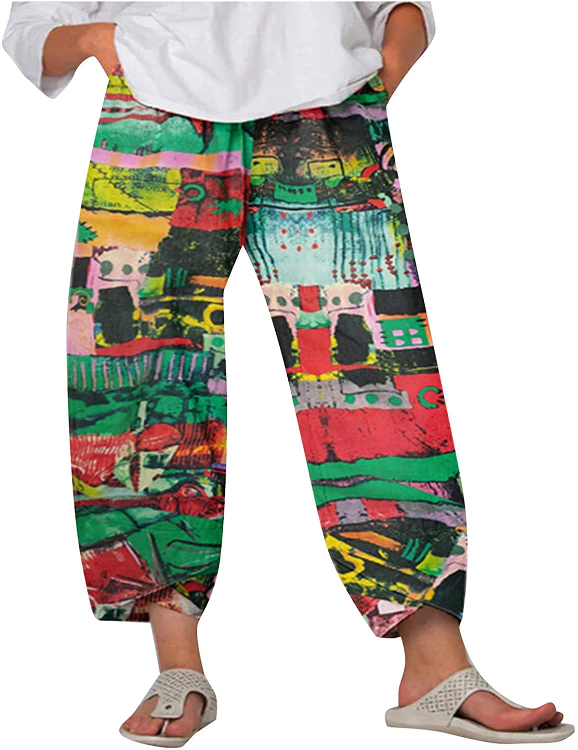 Posijego Women's Linen Pants - Loose Fit Casual & Office Pants for Summer & Fall - Comfortable Work Sweatpants with Graphic Design - Perfect for Business Casual, Weekend Outings & Relaxing at Home