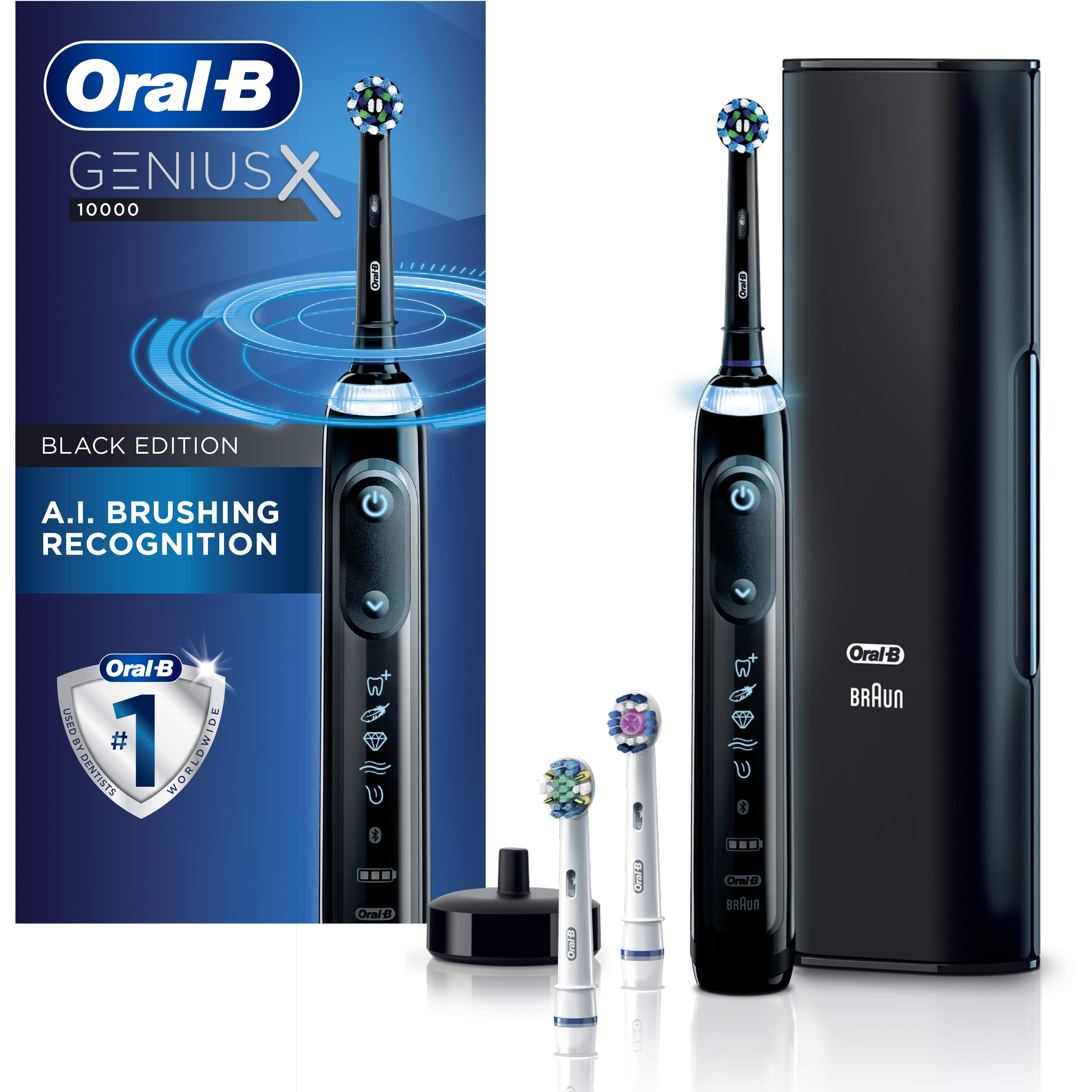 Oral-B GENIUS X Electric Toothbrush with 3 Replacement Brush Heads & Travel Case - Black | Professional Teeth Cleaning for Adults & Travel Use