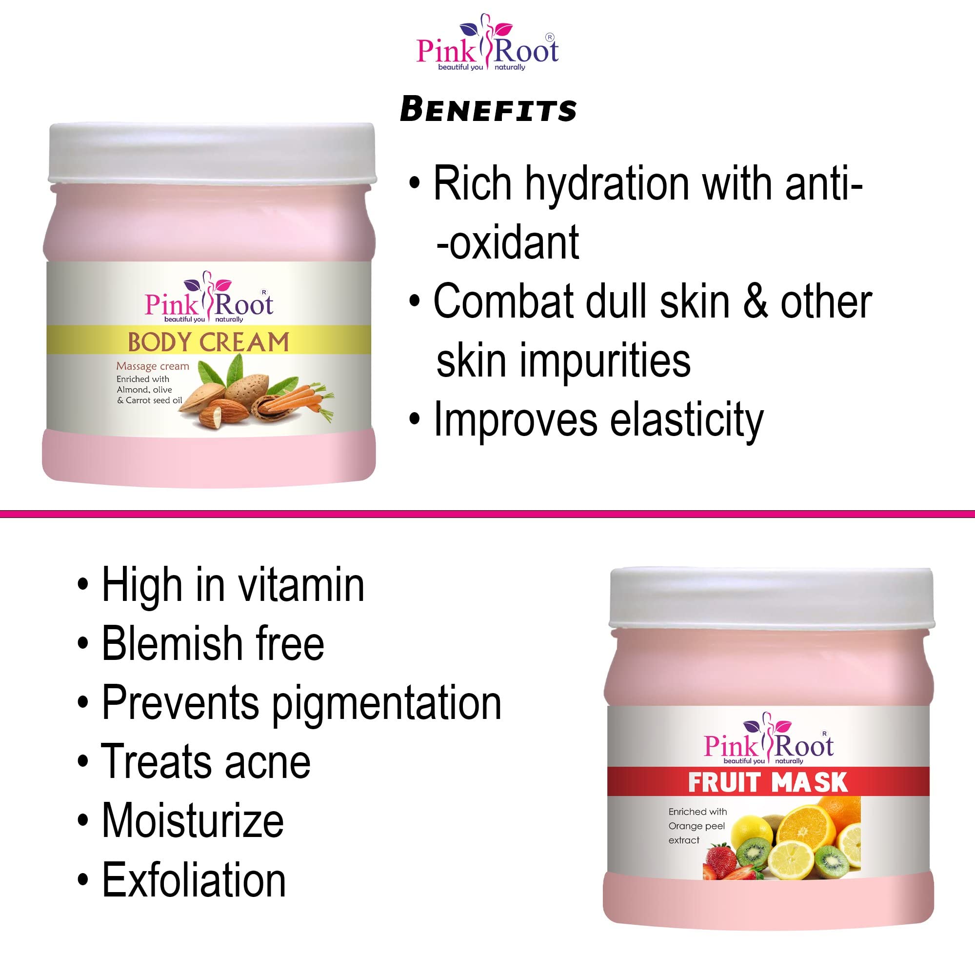 Pink Root Body Massage Cream 500g with Fruit Mask 500g - Hydrating & Relaxing Skin Care for Spa, Home Massage & Self-Care Routine