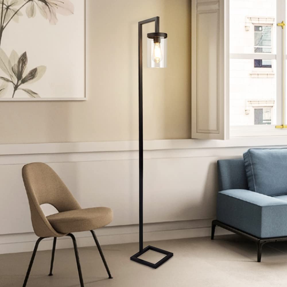Modern Farmhouse Floor Lamp - Tall Metal Reading Light with Hanging Glass Shade, Industrial Standing Lamp for Living Room, Bedroom & Office - Rustic Brass Lighting Fixture (Bulb Included) | Perfect for Cozy Reading Nooks, Home Office Workspace & Bedside Ambient Lighting