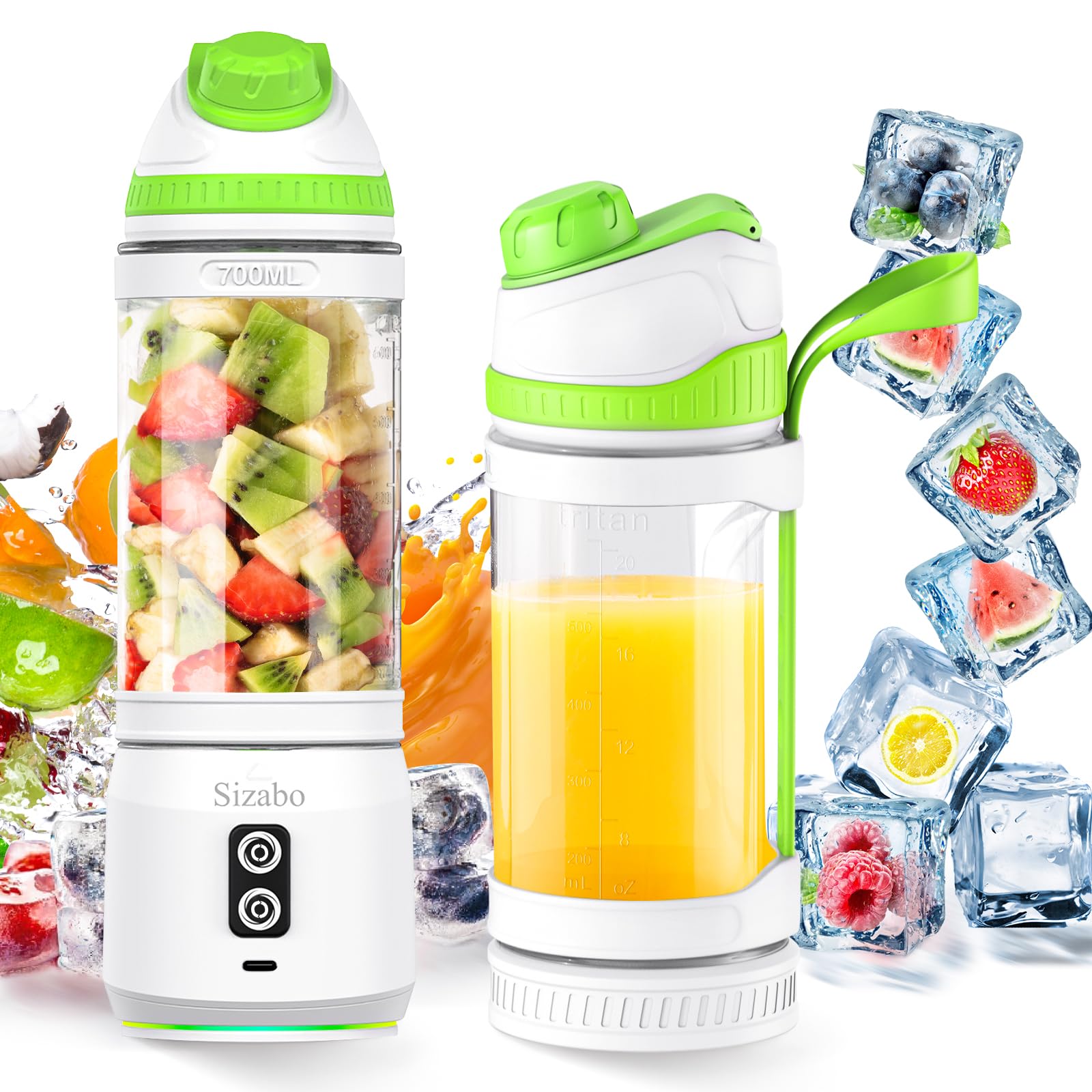 Portable USB C Rechargeable Blender - 24 oz Personal Size High Speed Blender for Shakes, Smoothies & Juices, 2000mAh*3 Battery, Compact Fruit Mixer for Travel, Gym, Office, Picnic & Outdoor Activities (White-Green)