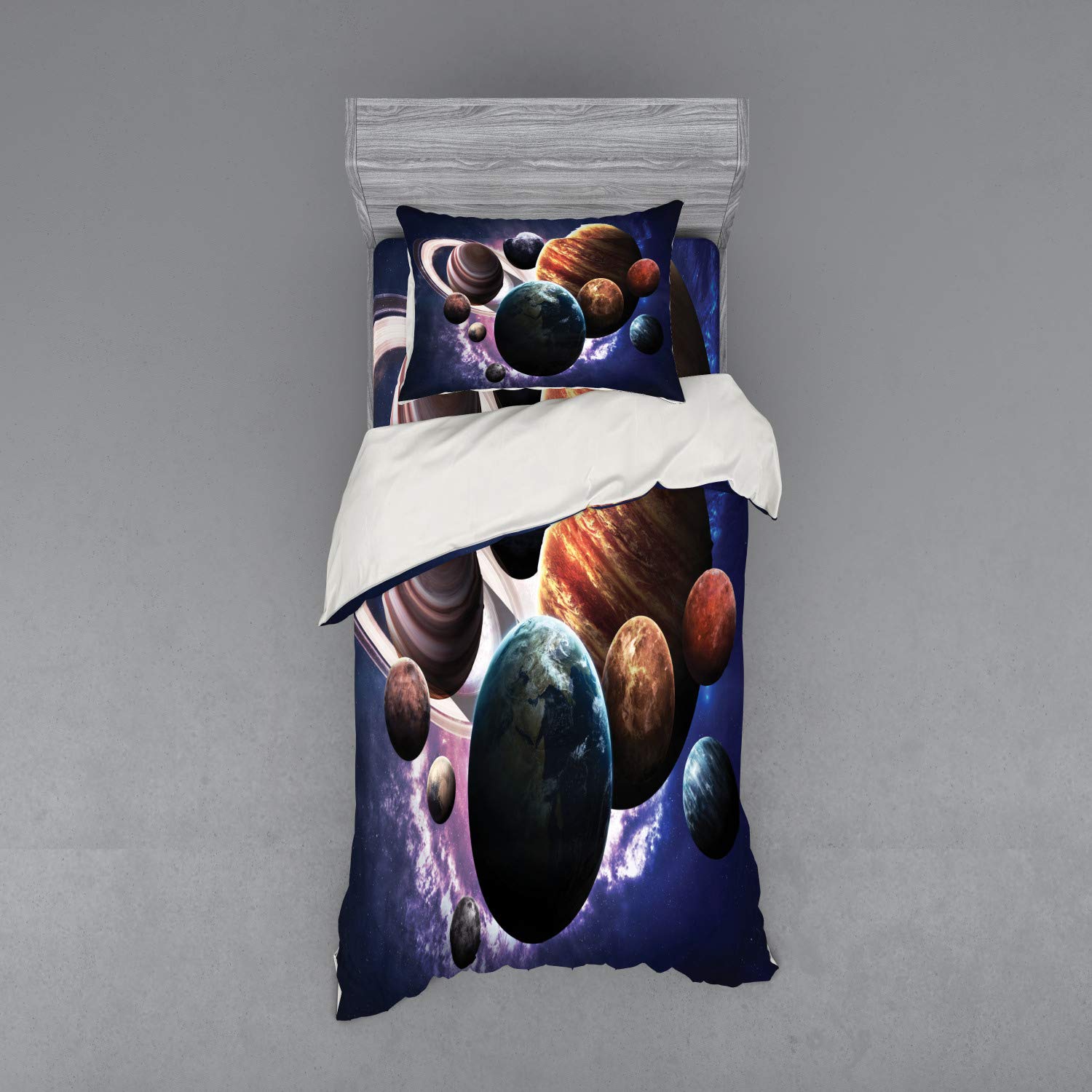 Ambesonne Solar System Planets Bedding Set - 3 Piece Duvet Cover with Sham & Fitted Sheet, Twin Size, Multicolor Space Theme - Perfect for Kids Room, Astronomy Lovers & Sci-Fi Decor