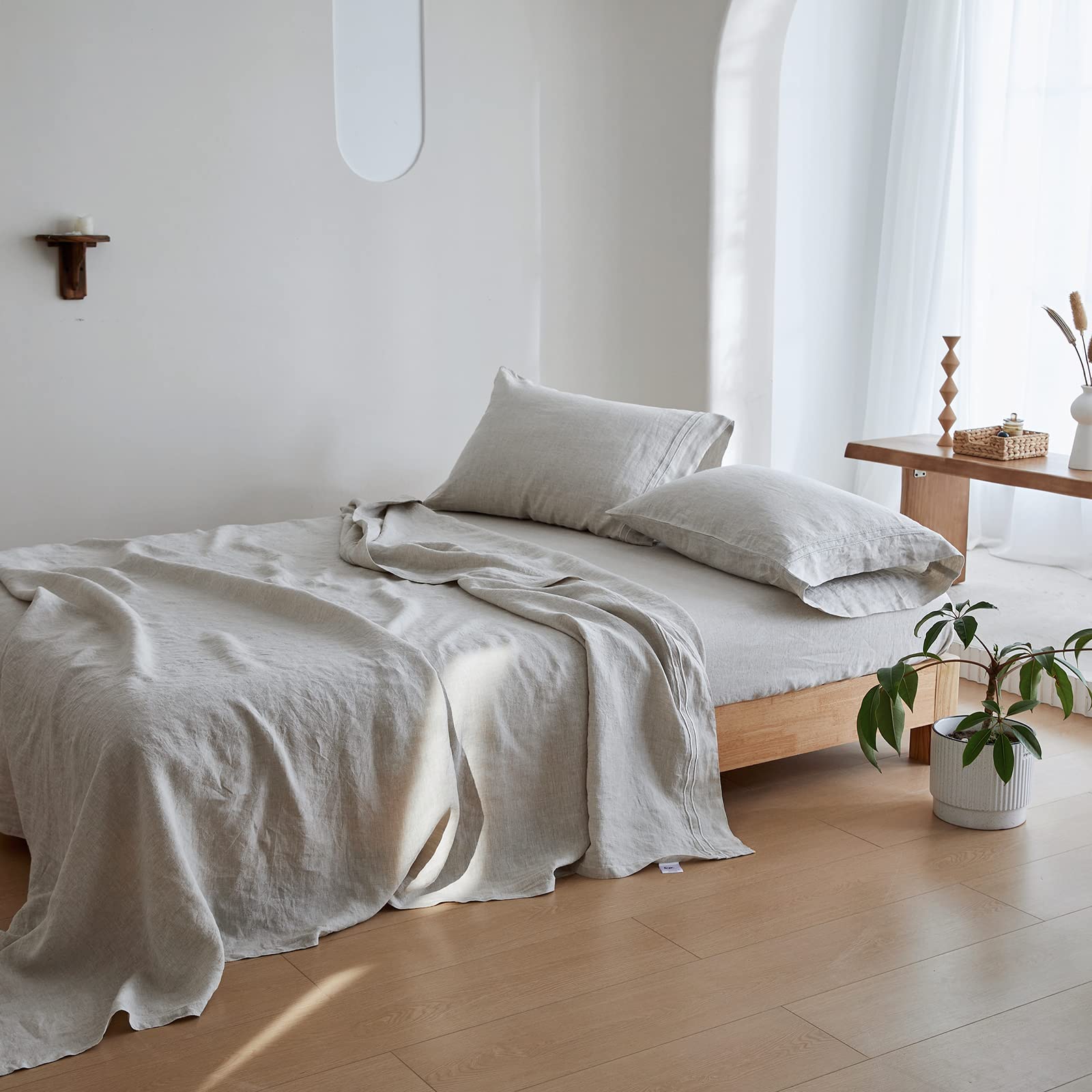 Luxury 100% French Flax Linen Sheet Set - 4 Piece King Size (1 Flat Sheet, 1 Fitted Sheet, 2 Pillowcases) | Breathable Hotel Quality Bedding with Embroidery | Natural & Eco-Friendly for Ultimate Comfort - Perfect for Master Bedroom, Guest Room & Vacation Homes
