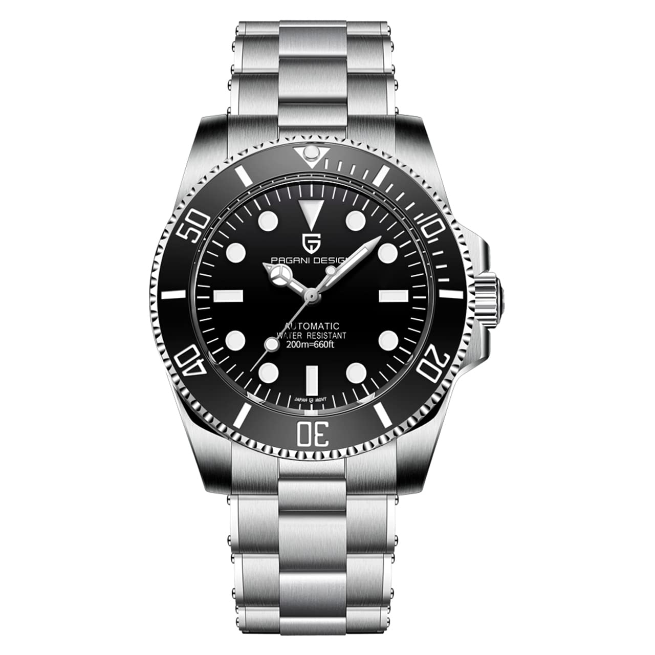 Pagani Design Men's Classic Automatic Watch - Stainless Steel Case, 200M Waterproof, Luminous Hands, Date Display - Perfect for Diving, Swimming & Everyday Wear