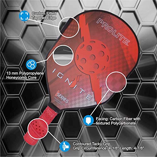 PROLITE Ignite Pickleball Paddle - Lightweight Carbon Fiber Racket for Adults & Seniors - USAPA Approved for Tournament Play - Perfect for Outdoor & Indoor Courts - Red