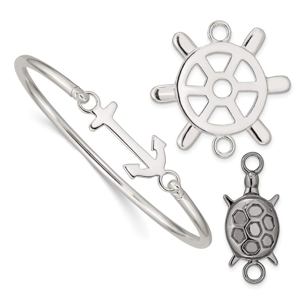 Ryan Jonathan Sterling Silver Nautical Charm Bangle Bracelet - 3.00mm Adjustable Interchangeable Pendants for Women | Perfect for Beach Vacations, Gifts & Everyday Wear