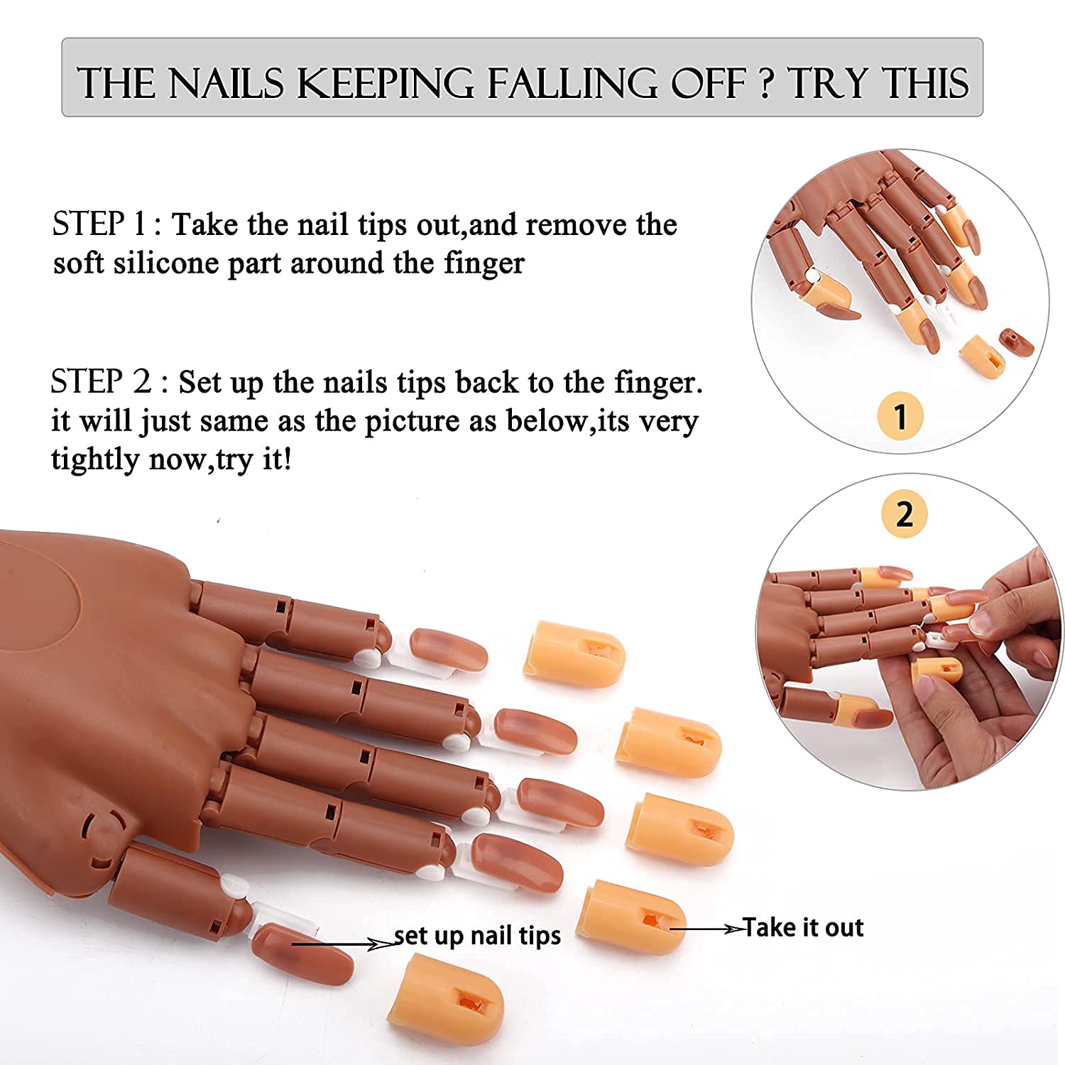 Professional Acrylic Nail Practice Hand - Flexible Mannequin Hand for Nail Art Training with 200 Fake Nail Tips - Perfect for Beginners & Nail Technicians to Practice Gel, Acrylic & Nail Extension Techniques at Home or Salon