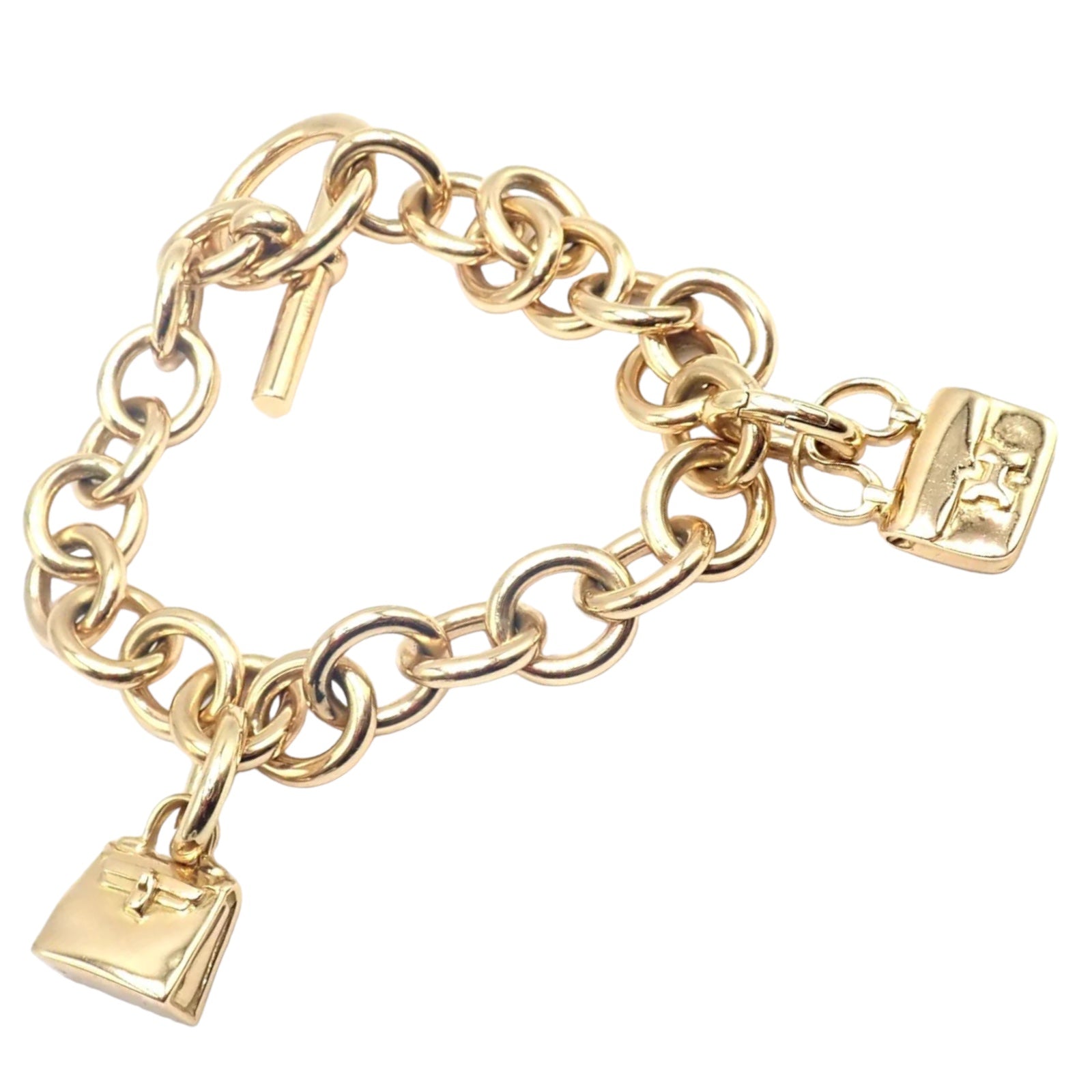 Authentic Hermes 18k Yellow Gold Heavy Link Toggle Bracelet with Two Charms - Luxury Jewelry for Women, Perfect for Gifts, Parties & Special Occasions
