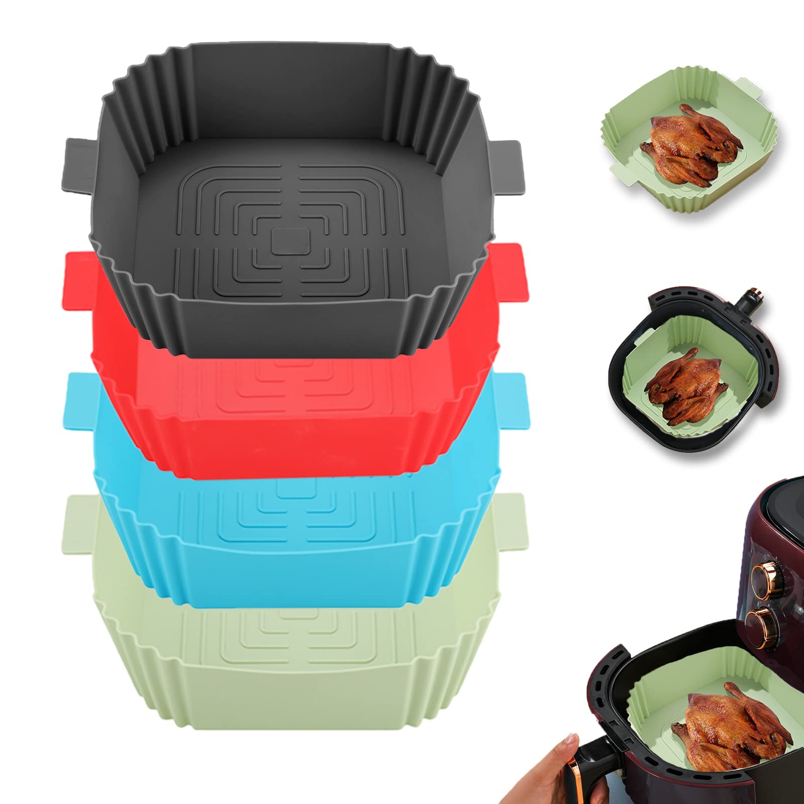 Non-Stick Silicone Air Fryer Liners - 4 Pack 7.6 Inch Square Reusable Baking Mats for 3-6QT Air Fryers | Safe Parchment Paper Alternative | Dishwasher Safe & Easy Clean | Perfect for Roasting Veggies, Cooking Chicken Wings & Reheating Leftovers