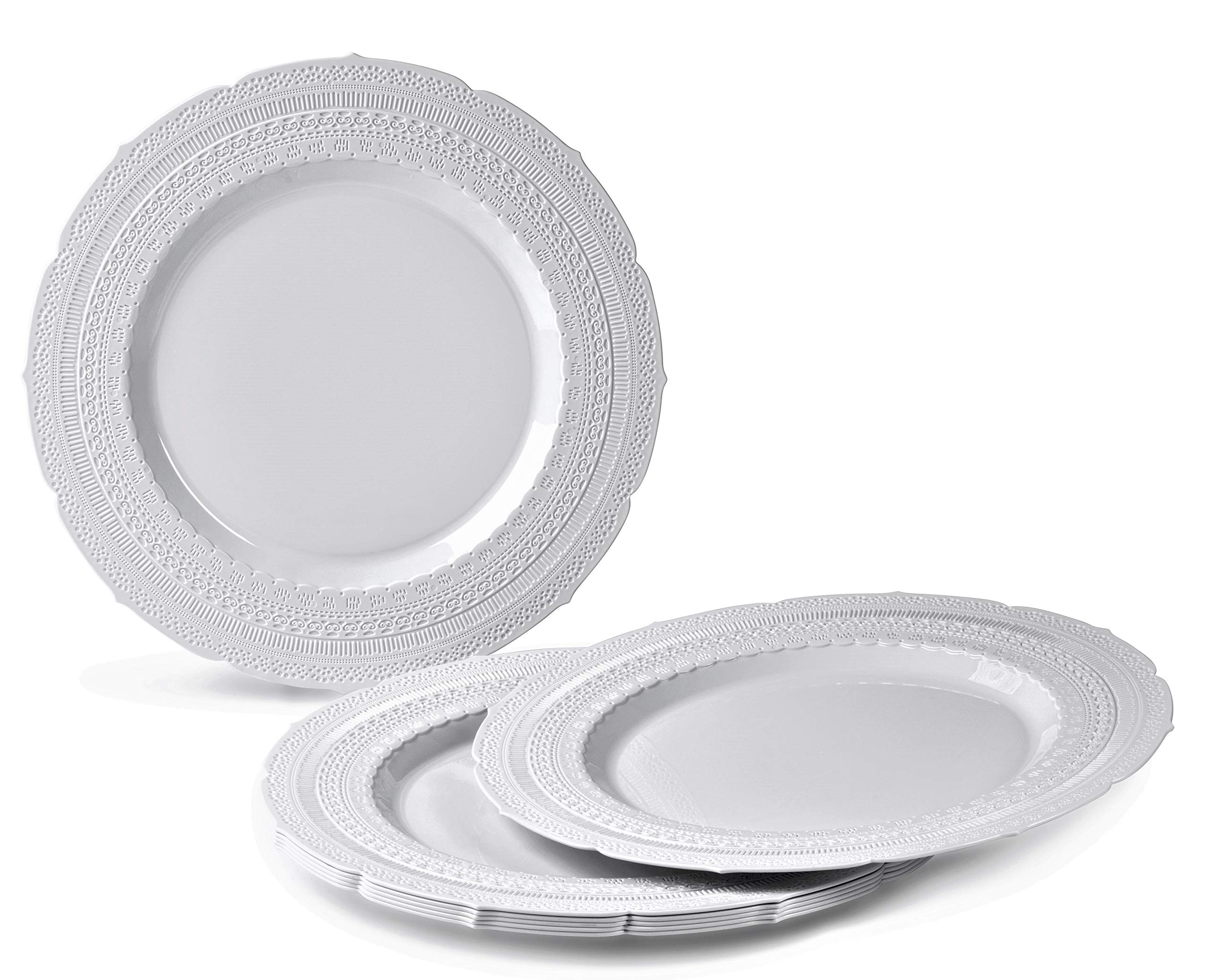 560-Piece Heavyweight Wedding Party Disposable Plastic Plate Set - 80 x 11'' Dinner Plates, 80 x 7'' Dessert Plates, Silverware, Cups & Napkins (Light Gray Chateau) - Elegant Disposable Tableware for Weddings, Bridal Showers, Anniversaries & Formal Events