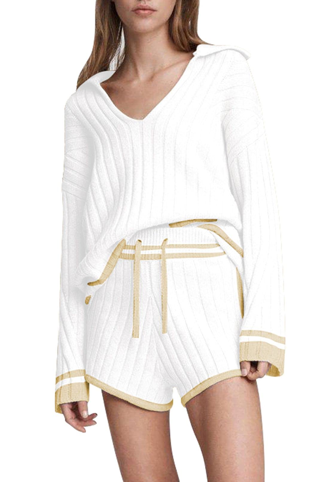 Linsery Women's 2-Piece Sweater Set - V-Neck Knit Top & Ribbed Shorts - Casual Pajama Outfit for Lounge, Sleep & Home Comfort