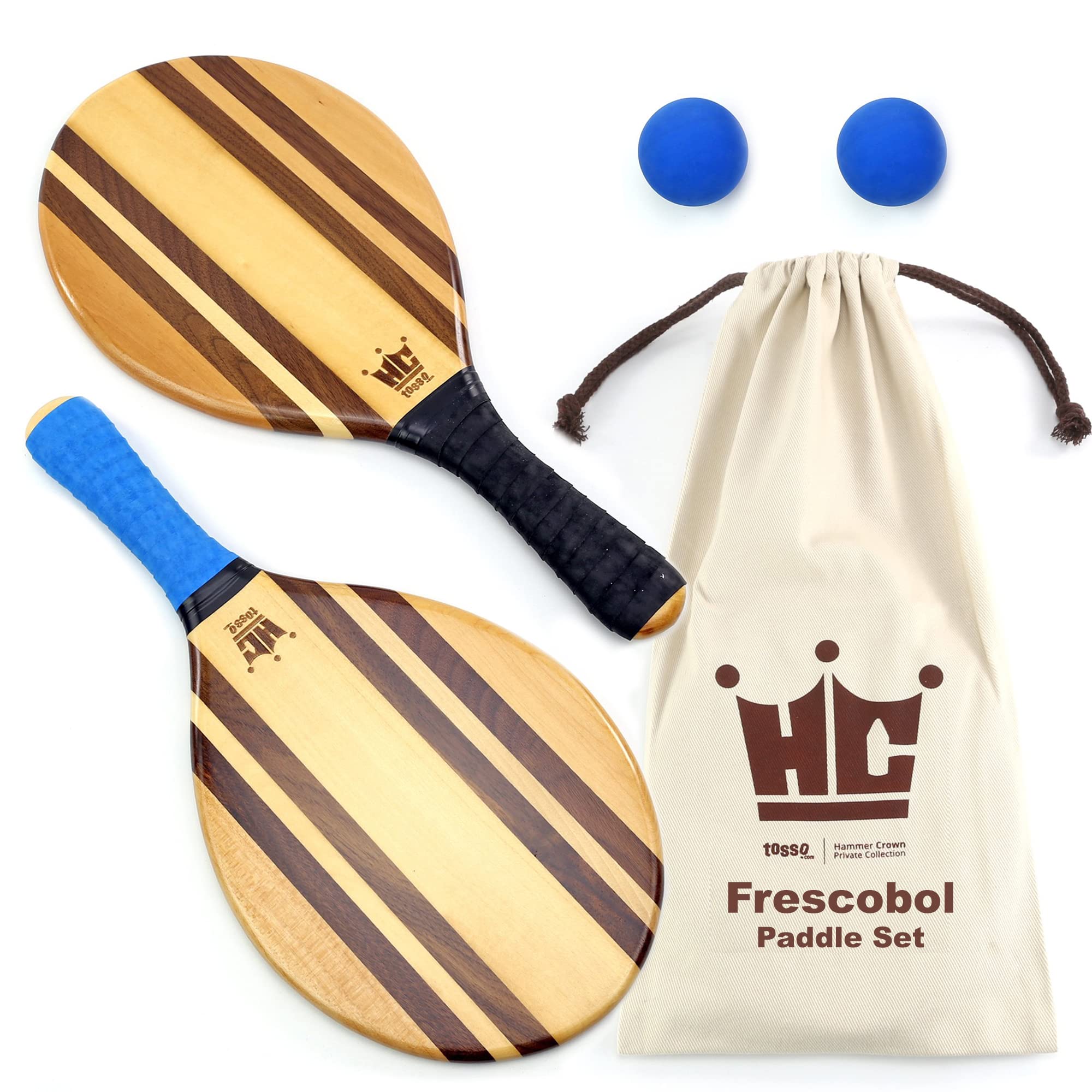 Premium Frescobol Paddle Ball Set - 2 Wooden Paddles, 2 Rubber Balls & Canvas Carry Bag for Beach, Backyard & Outdoor Games - Classic Striped Design for Summer Fun