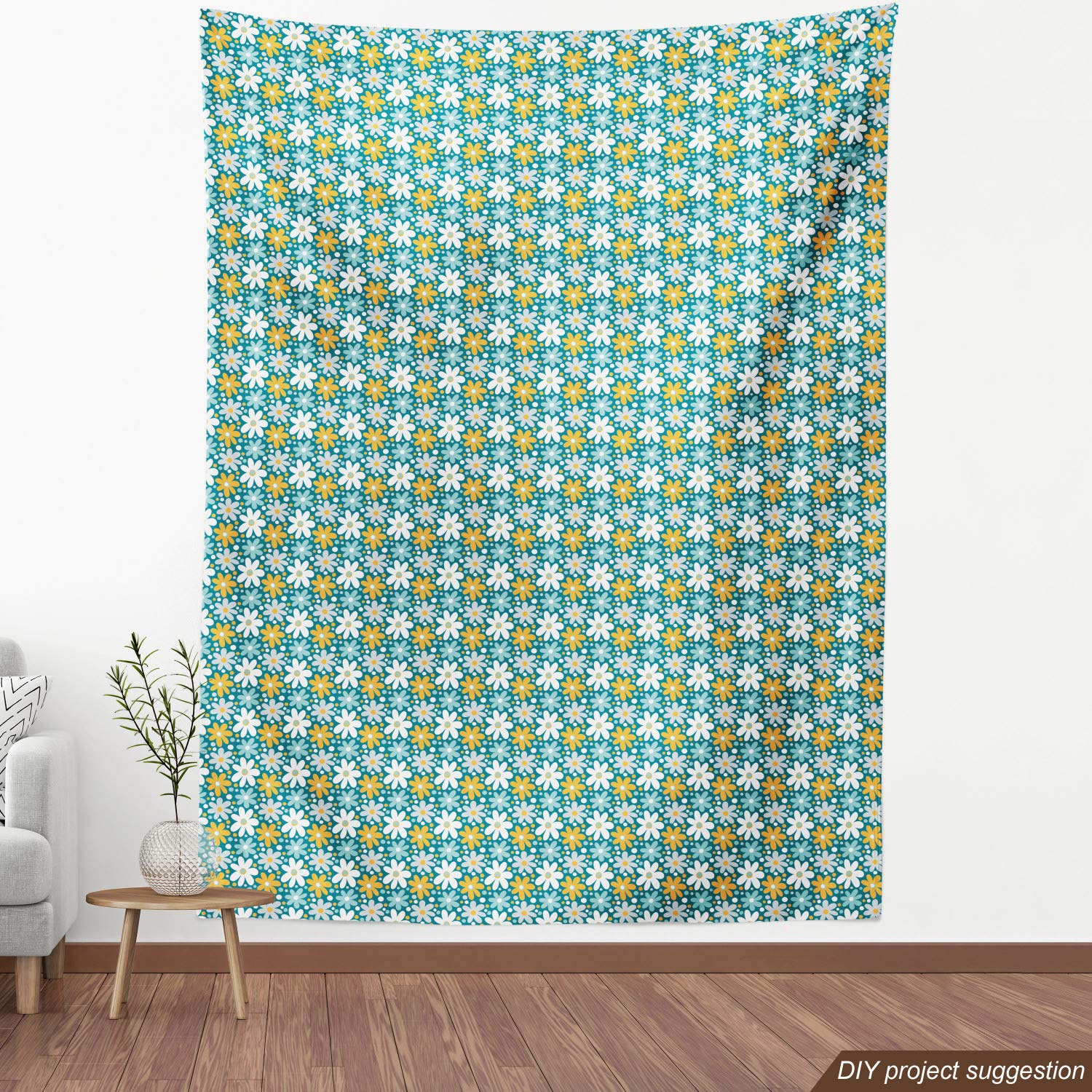 Ambesonne Spring Floral Fabric by The Yard - Gardening Petals Daisy Flowers Field Chamomile Bouquets Blossoms Design - Decorative Upholstery Fabric for Sofa, Curtains, Pillows - Home Decor Accent Fabric - 5 Yards Teal Pale Blue Orange - Perfect for DIY Projects, Table Runners, Quilting & Crafting