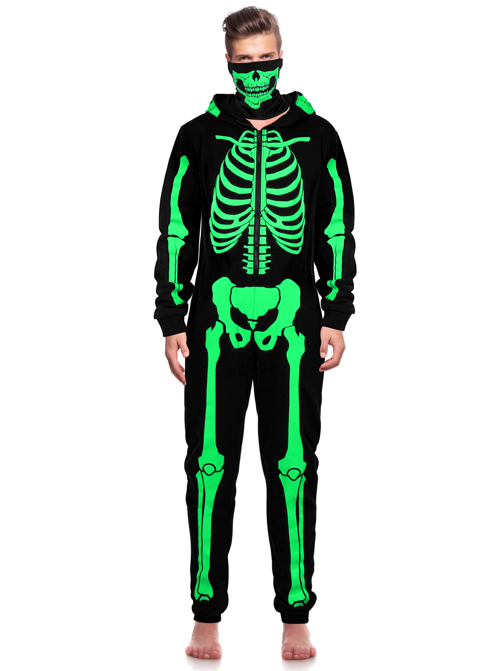 Glow in the Dark Skeleton Costume for Men - Halloween Skeleton Onesie Pajama with Skull Face Cover - Adult Jumpsuit Set for Halloween Parties, Cosplay & Themed Events