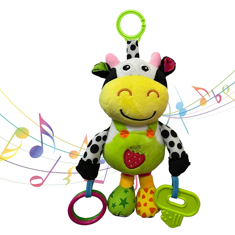 Willway Baby Car Seat Toys - Soft Plush Hanging Cow with 32 Musical Songs & Rattles - Best Infant Toys for Boys & Girls 0-12 Months - Perfect for Strollers, Cribs & Travel Entertainment