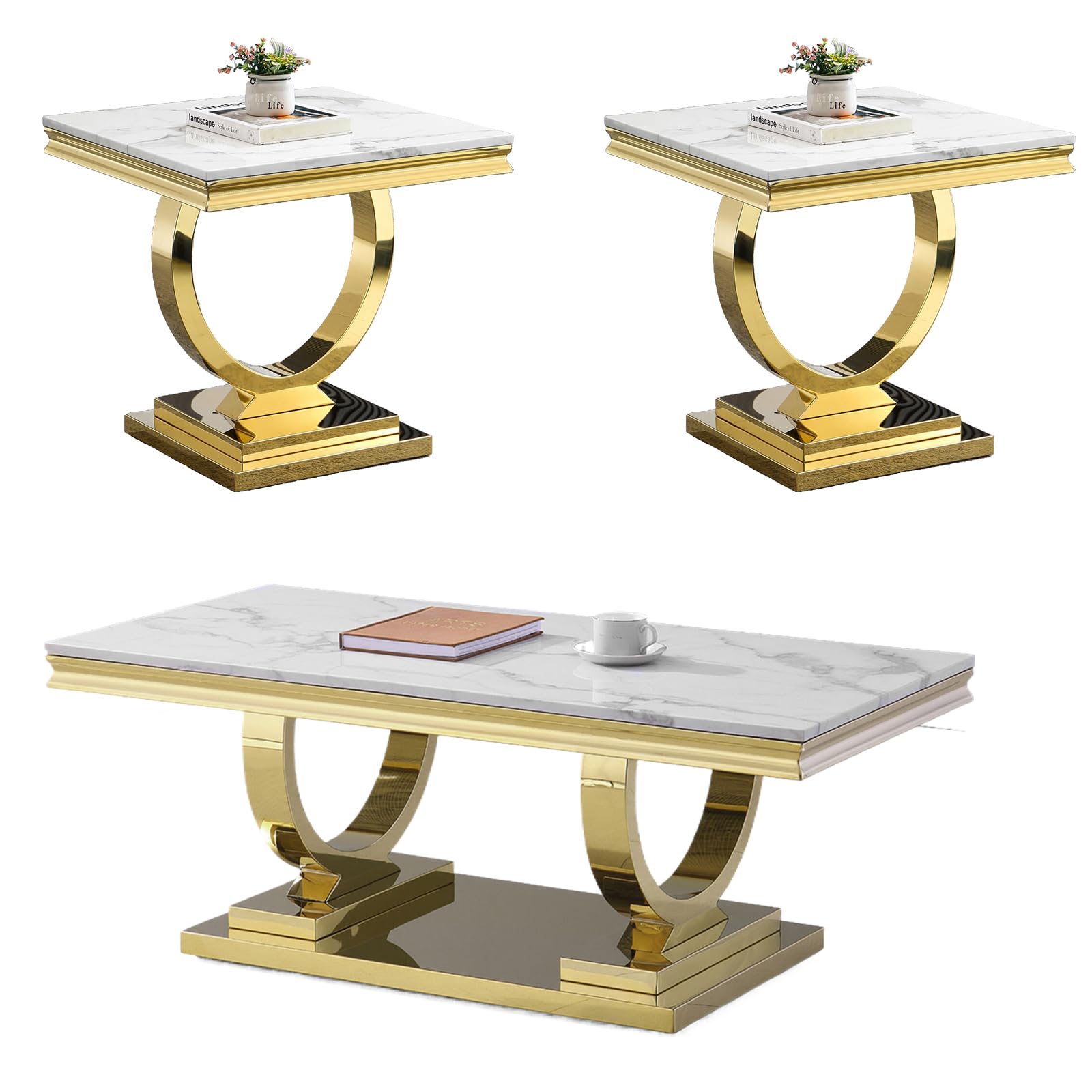3-Piece Faux Marble Coffee Table Set with Wood Tabletop & Stainless Steel Frame - Modern Living Room Furniture for Apartment, Home Office (Gold) | Perfect for Small Spaces, Entertaining Guests & Stylish Home Decor