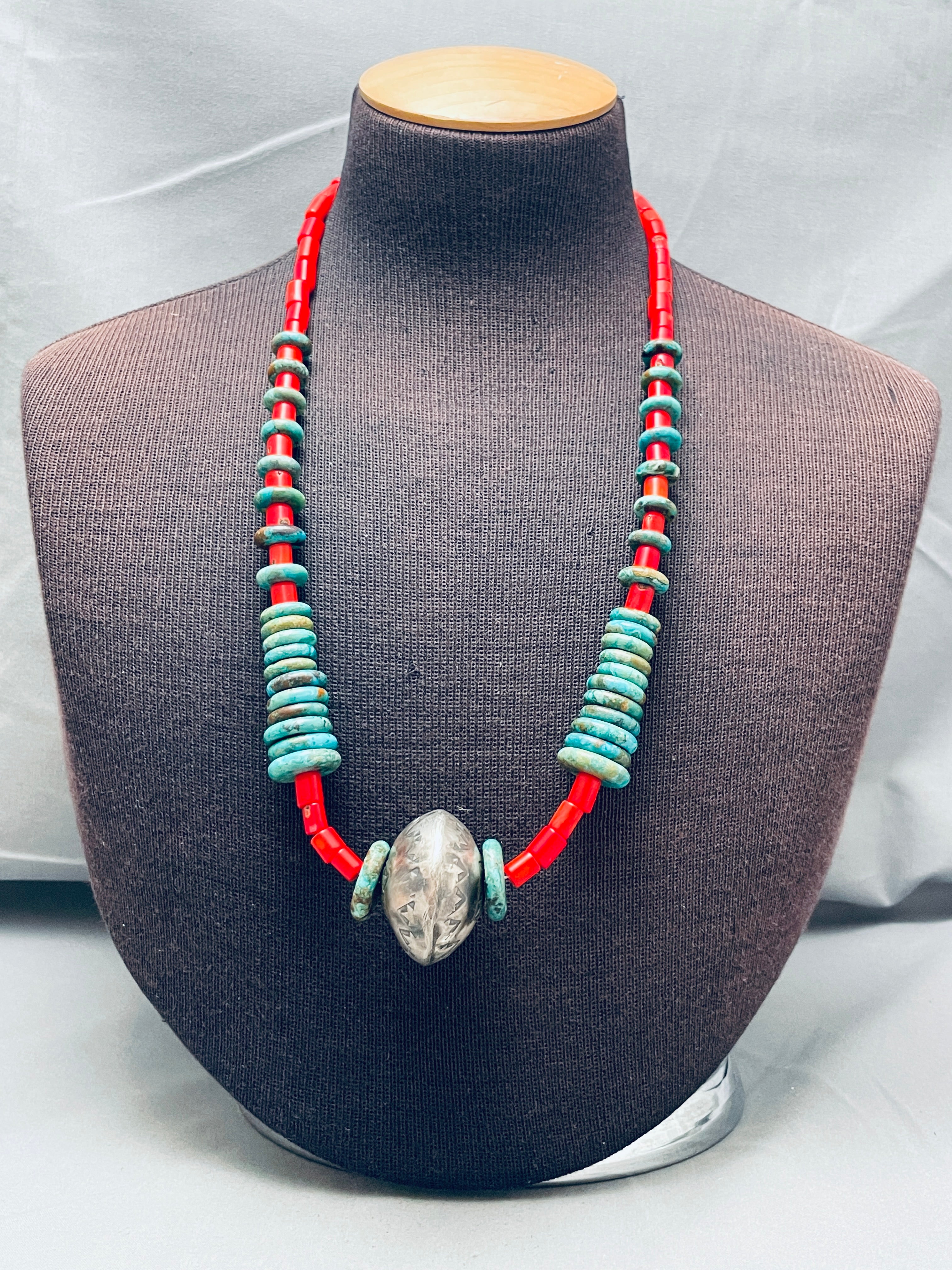 106g Sterling Silver Navajo Turquoise Coral Necklace – Handmade Native American Jewelry for Women, Boho Chic Accessory – Perfect for Festivals, Weddings & Boho Fashion