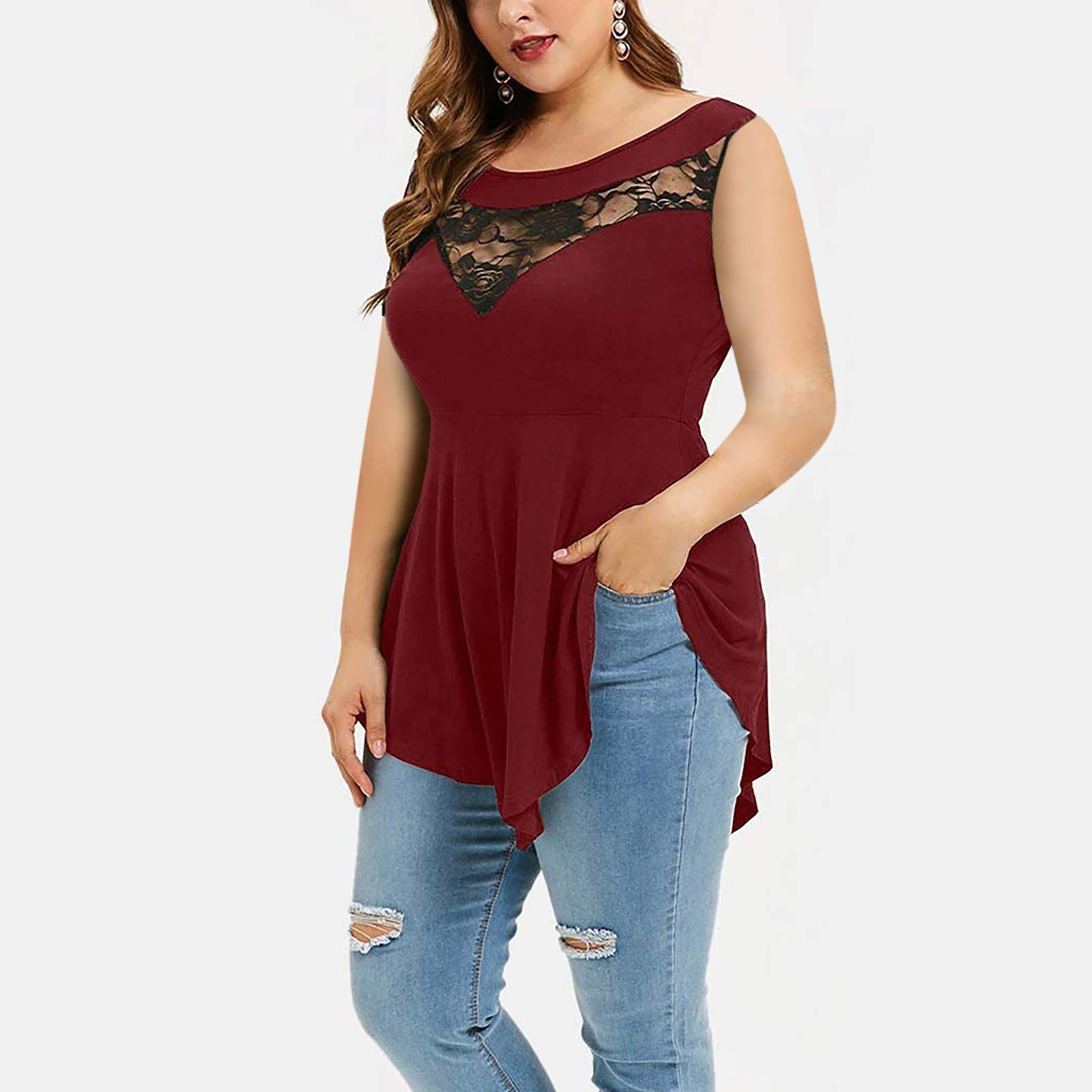 Floral Lace Plus Size Women's Sleeveless Blouse - Asymmetric O-Neck Top for Casual Wear & Summer Outfits