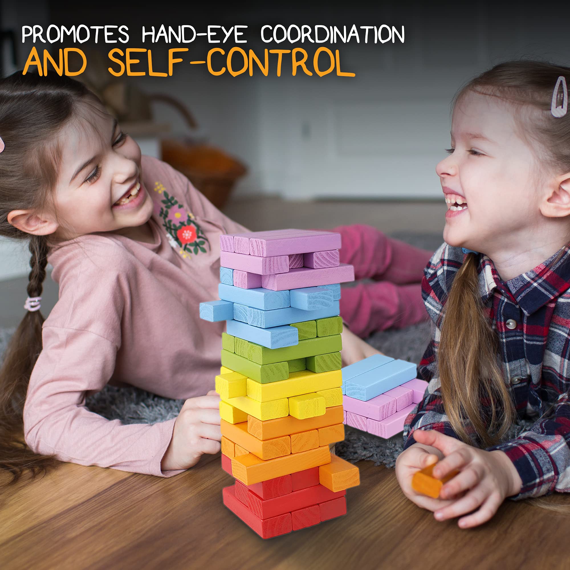 Pidoko Wooden Stacking Blocks (49 Pcs) - Montessori Toys for Kids & Family Game Night - Storage Bag Included