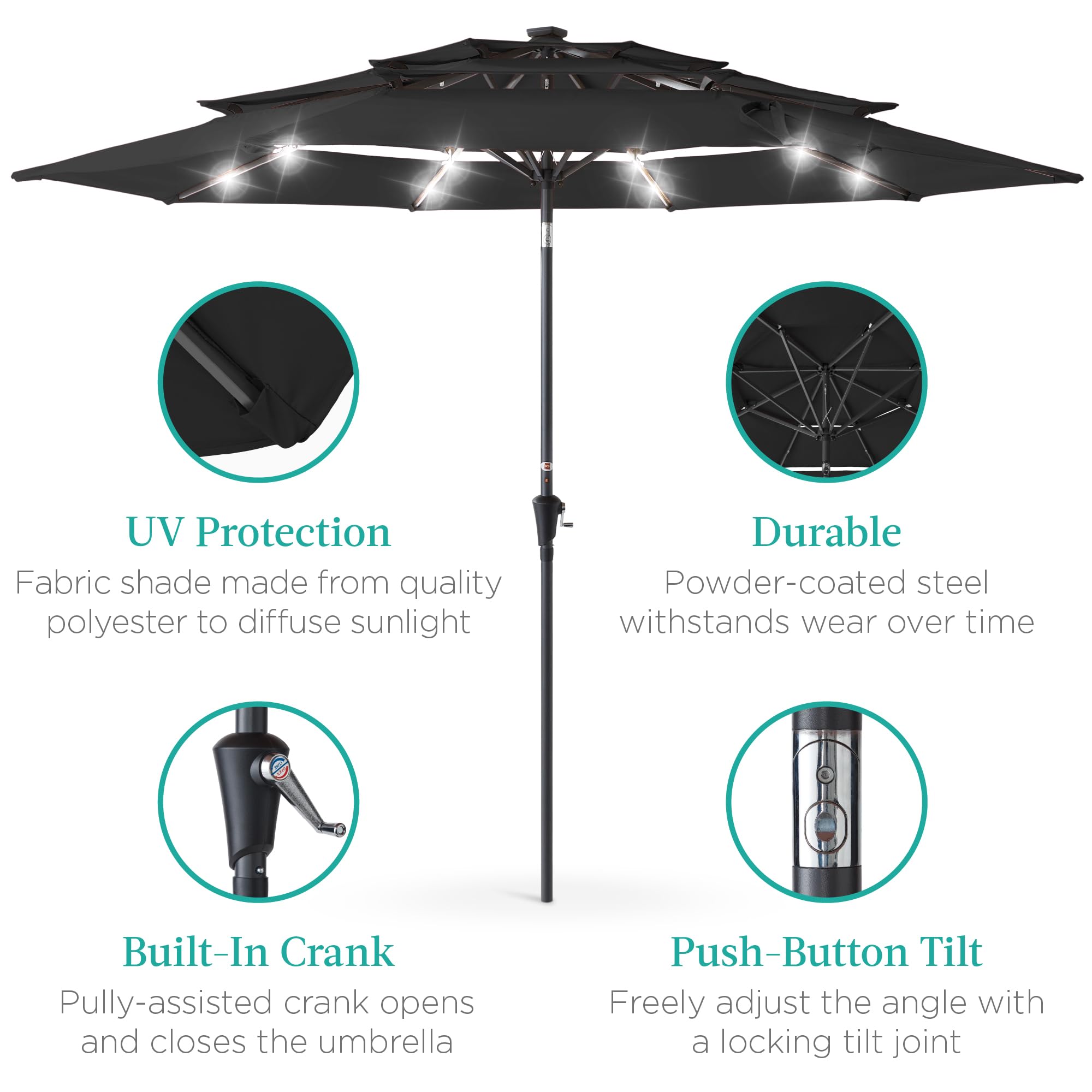 Best Choice Products 10ft 3-Tier Solar Patio Umbrella with 24 LED Lights - Outdoor Market Sun Shade for Backyard, Deck, Poolside - Tilt Adjustment & Easy Crank - 8 Ribs - Black - Perfect for Outdoor Dining, Lounging, and Entertaining