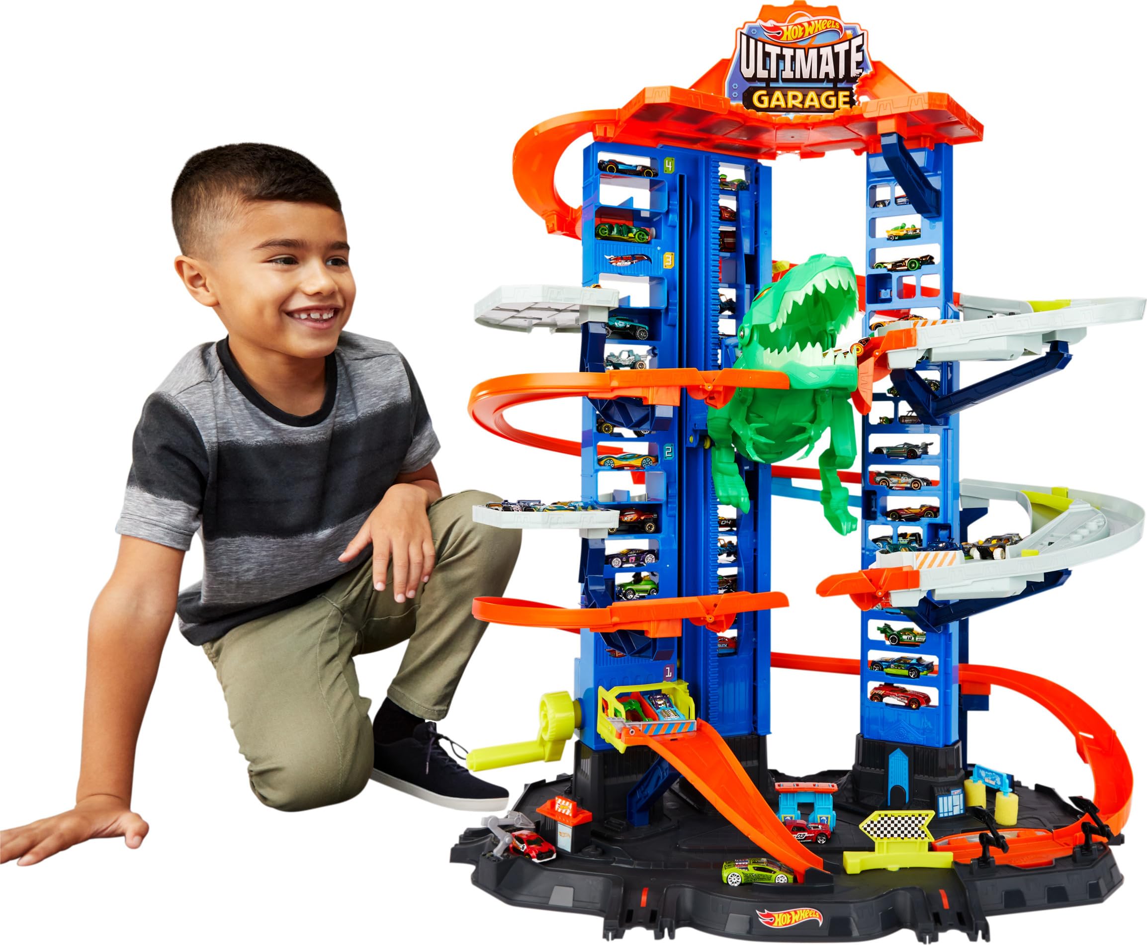 Hot Wheels Ultimate Garage City vs Robo Beasts Multi-Level Race Track with 91cm Mobile T-Rex Dinosaur, Includes 2 Toy Cars - STEM Learning Toy for Kids Ages 5+ (GJL14) - Perfect for Imaginative Play, Birthday Gifts & Car Racing Adventures