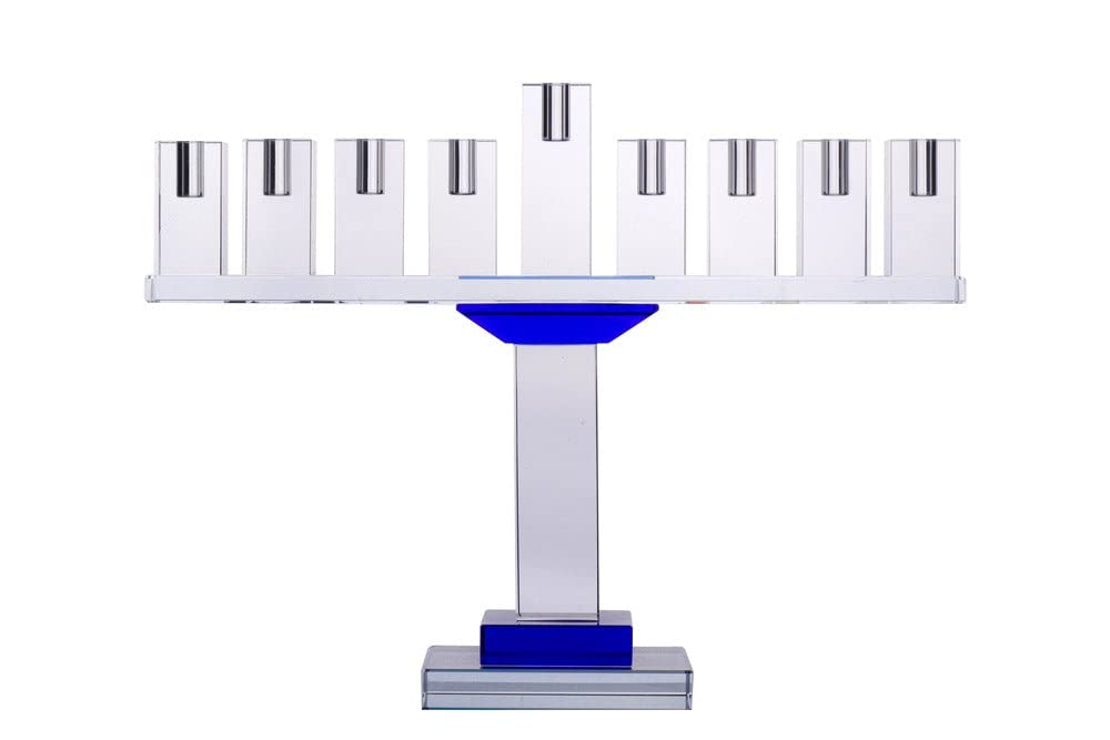 Blue Judaica Crystal Menorah - 9 Branch Symmetrical Candle Holder for Hanukkah, Jewish Holidays & Home Decor