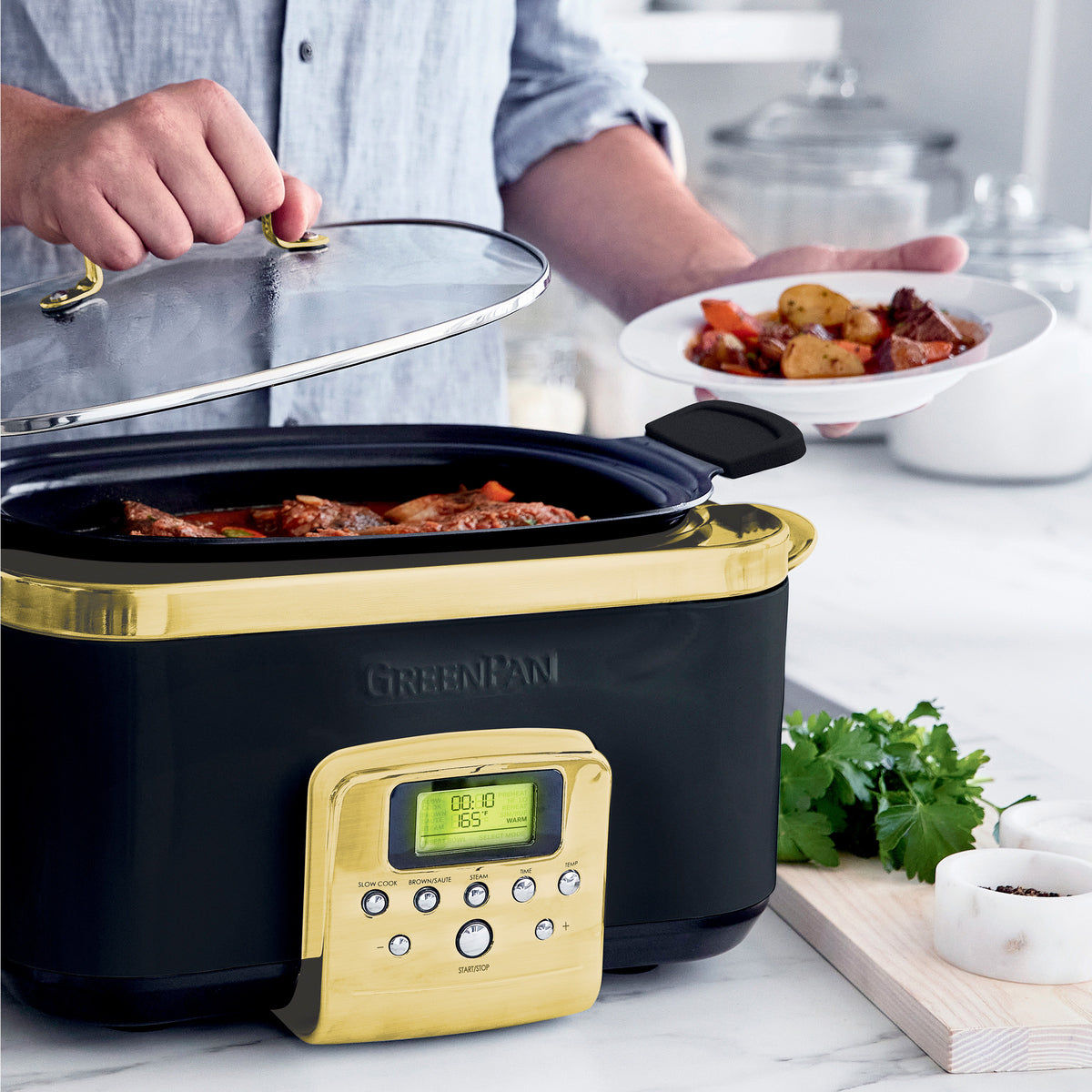 Elite Reserve 6 Quart Slow Cooker - Programmable Crock Pot with Digital Timer, Stainless Steel - Perfect for Family Dinners, Meal Prep & Party Buffets