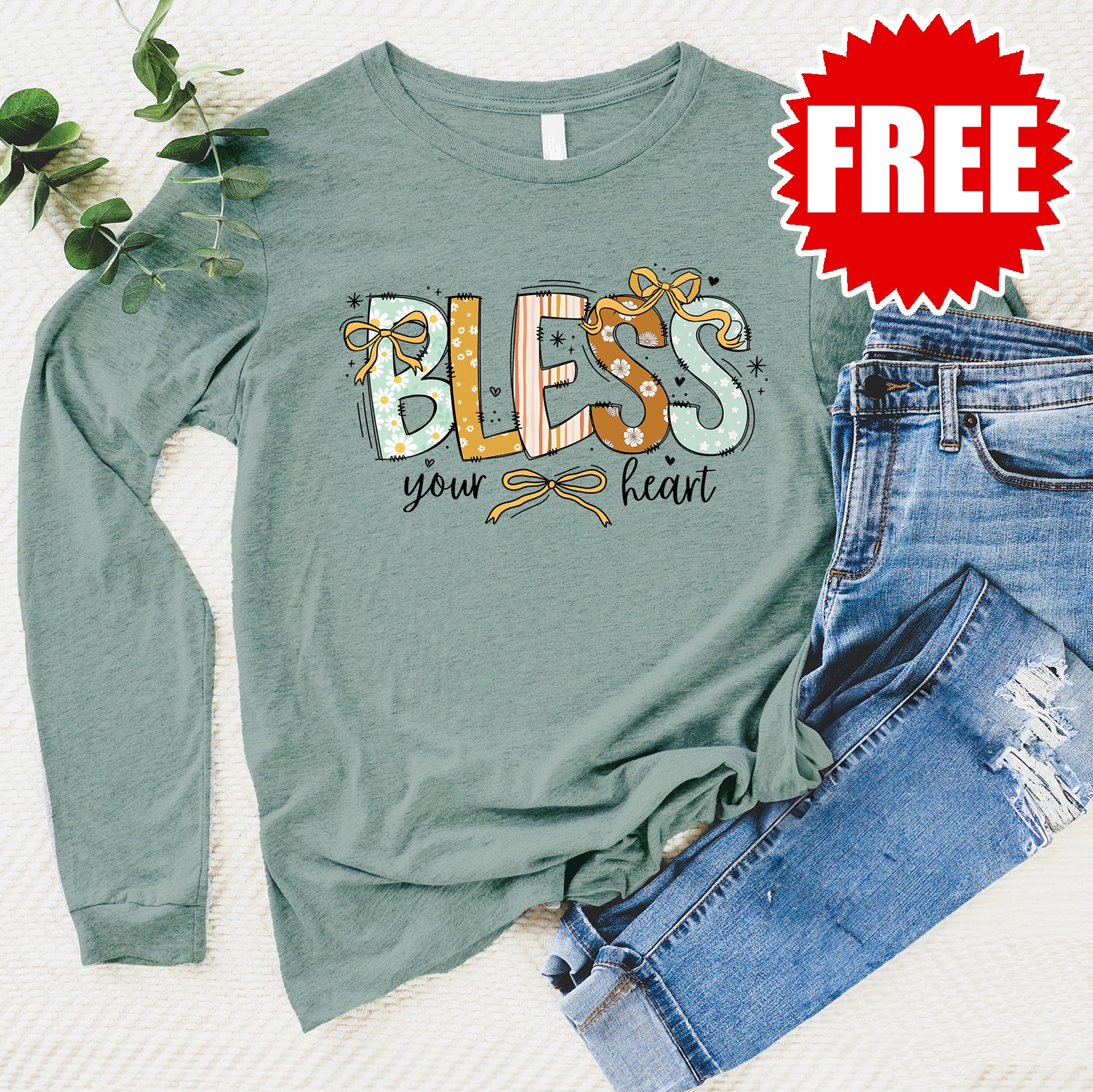 Bless Your Heart Bows Long Sleeve T-Shirt | Heather Sage Color | Women's Casual Top for Everyday Wear | Perfect for Spring Outfits & Layering