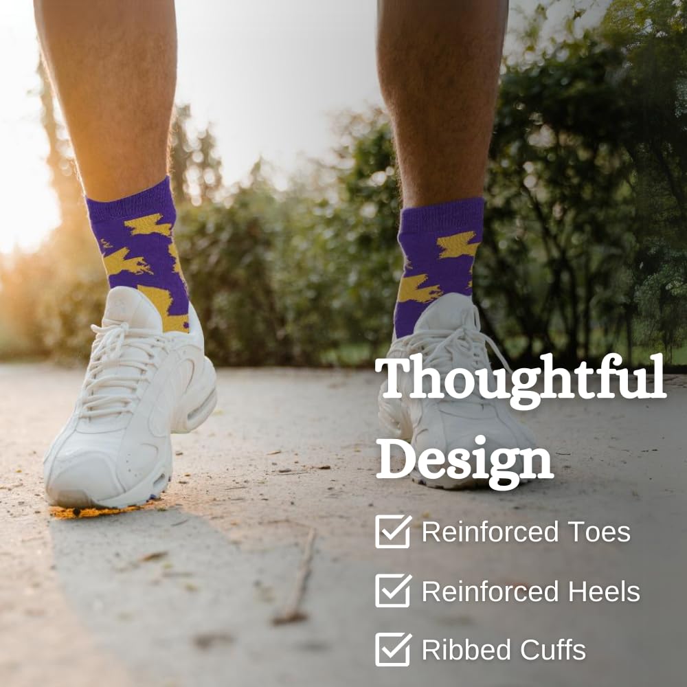 Louisiana Map Pattern Socks for Men - Purple & Gold Novelty Cotton Blend Socks with State Outline | One Size Fits Most (Cotton/Polyester/Spandex) | Perfect Louisiana Gifts & Souvenirs for Travel Lovers, College Students, and Sports Fans