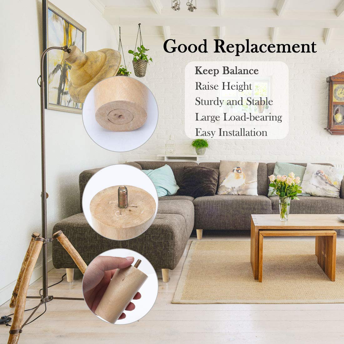 uxcell 5 Inch Round Solid Wood Furniture Legs - Replacement Feet for Sofa, Couch, Chair, Table, Desk, Closet & Cabinet - Adjustable Height (1pc) - Perfect for DIY Furniture Repair & Home Decor Projects