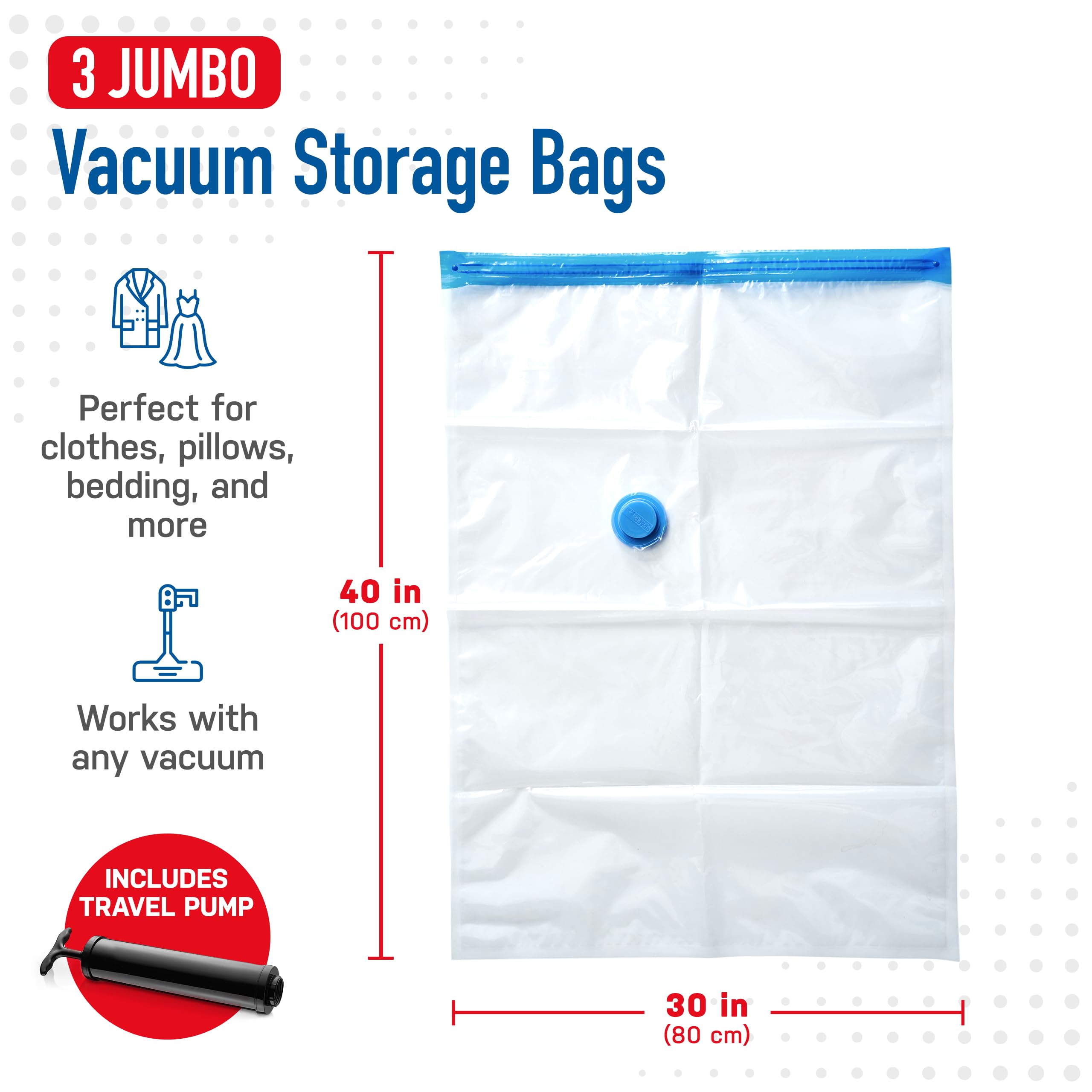 Premium Vacuum Storage Bags (Jumbo 3 Pack) - Save 80% Closet Space for Comforters, Blankets & Seasonal Clothes | Heavy Duty Compression Seal | Includes Hand Pump | Perfect for Home Organization, Travel & Seasonal Storage