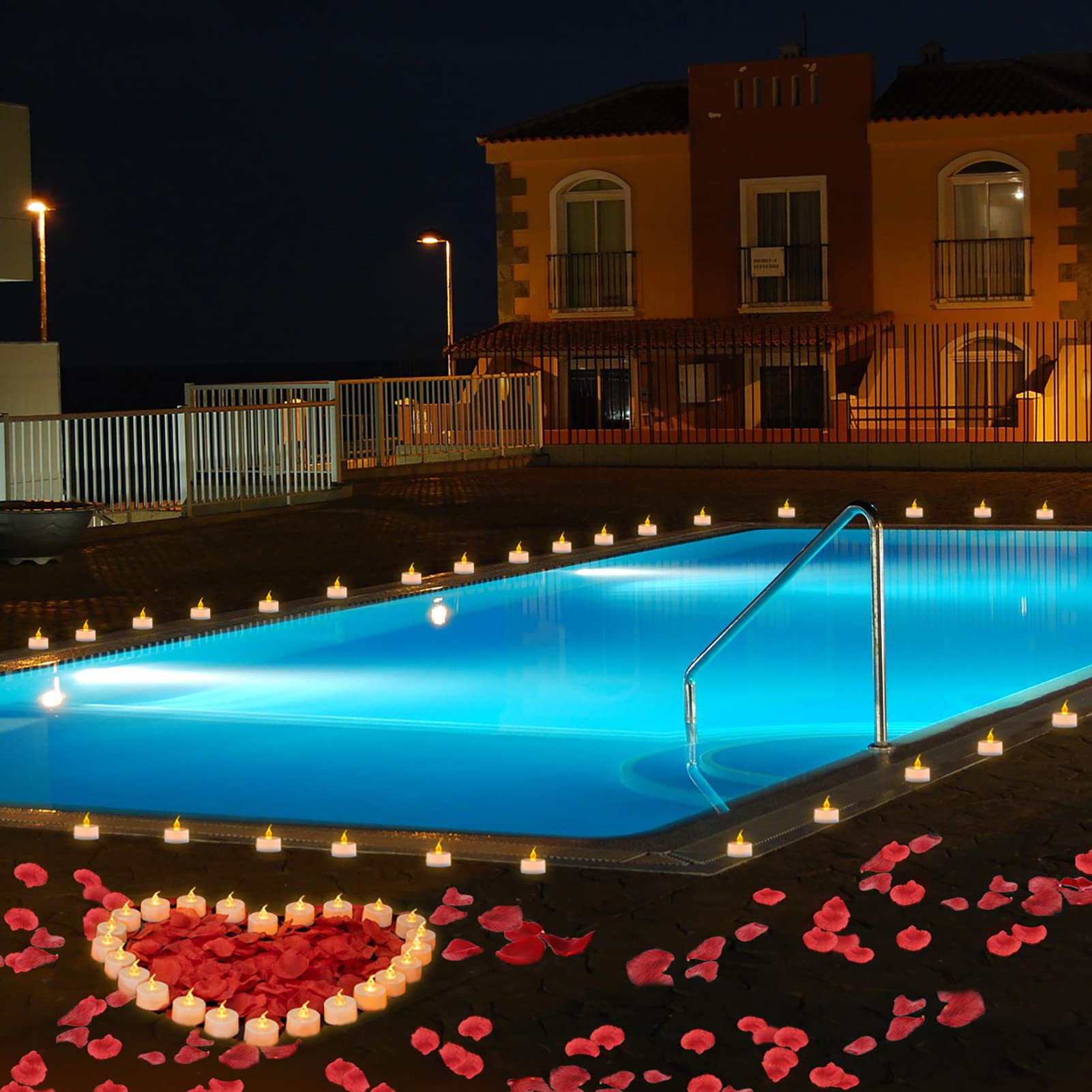 500PCS Red Artificial Rose Petals with 24PCS Flameless LED Tea Lights - Romantic Wedding Decor, Anniversary Party, Valentine's Day Centerpiece Decoration - Amber Yellow Flickering Candles for Table Scatter & Home Decor