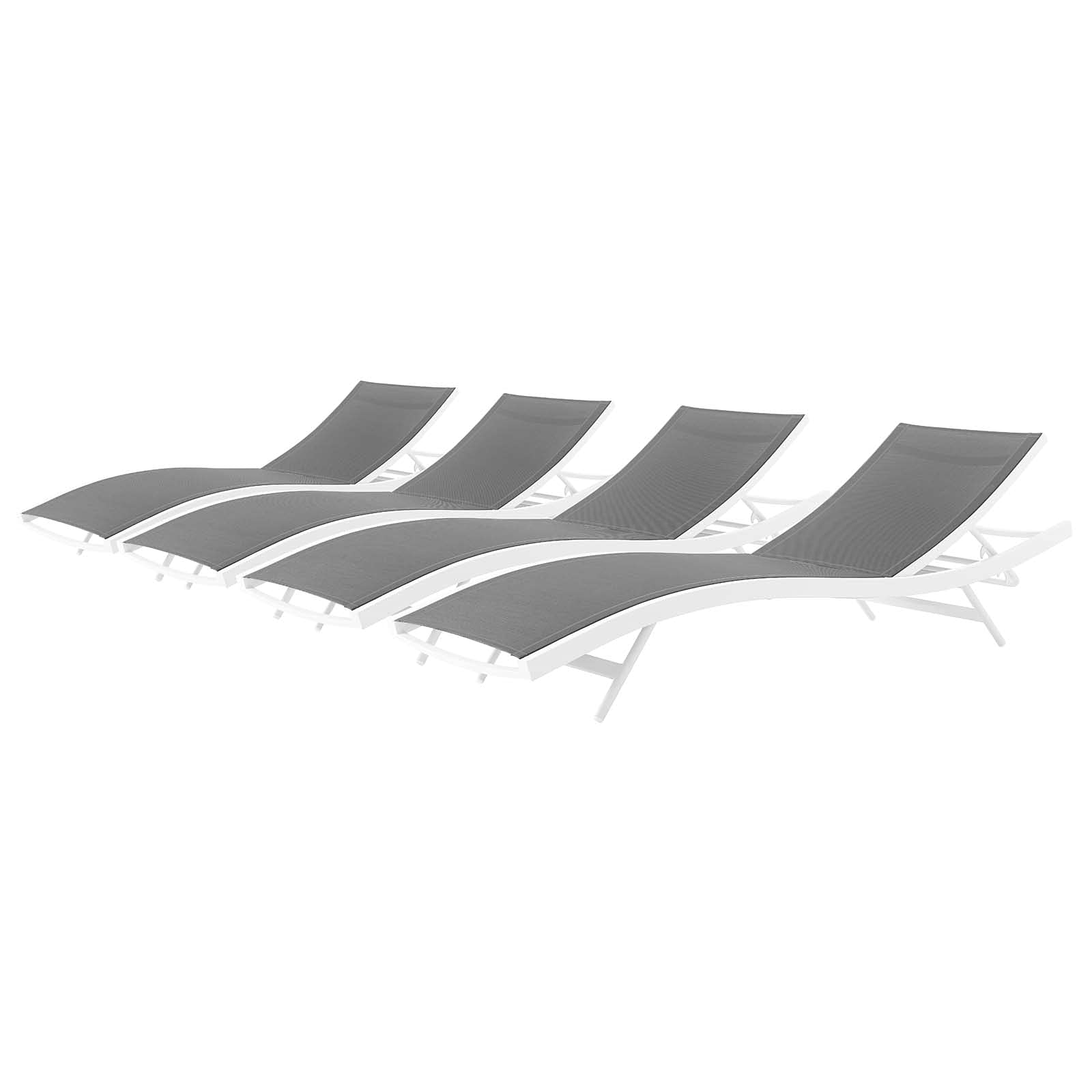 Modern Aluminum Lounge Chair Chaise Set of 4, White Grey Metal, Outdoor Patio Balcony Cafe Furniture for Relaxing and Entertaining
