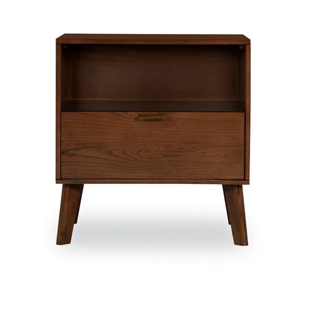 Linon Moore Nightstand with Open Storage & One Drawer - Brown Wood Finish, Tapered Legs - Perfect for Bedrooms, Guest Rooms & Small Spaces