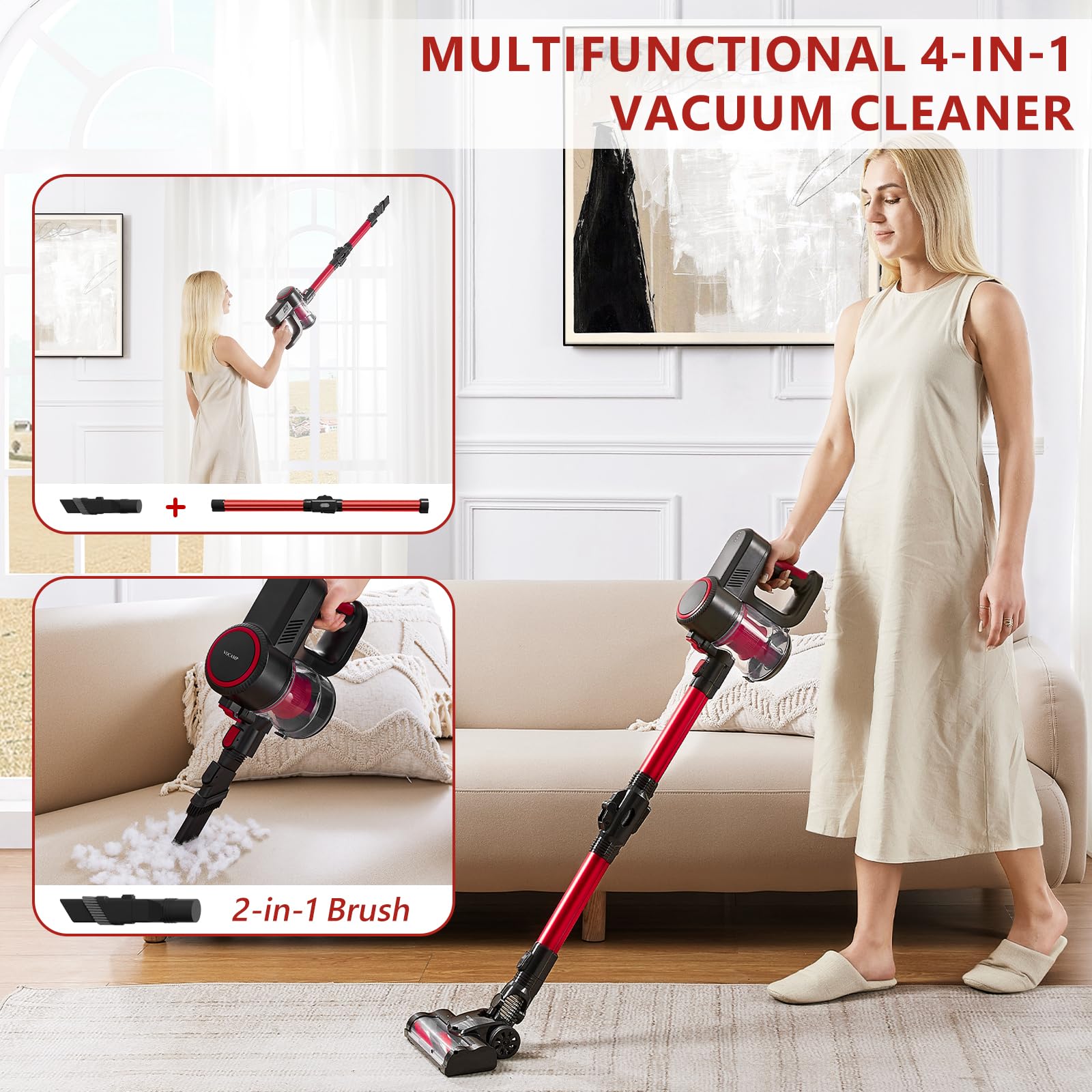 Powerful Cordless Stick Vacuum Cleaner with 2000mAh Battery - 40Min Runtime, 4-in-1 Lightweight Handheld Vacuum for Hardwood Floors, Carpets & Pet Hair - Perfect for Home Cleaning, Quick Pickup & Pet Owners