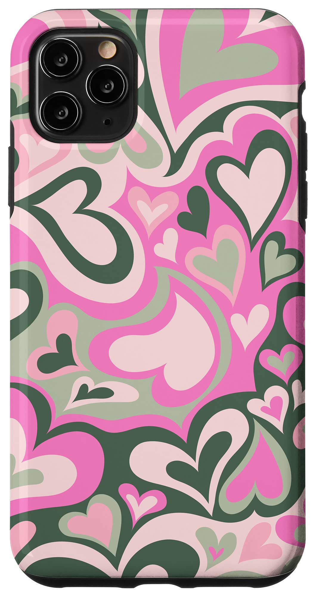 iPhone 11 Pro Max Sage Green Phone Case with Heart Coffee Love Design, Groovy Swirls & Pink Accents - Perfect for Everyday Use & Stylish Protection