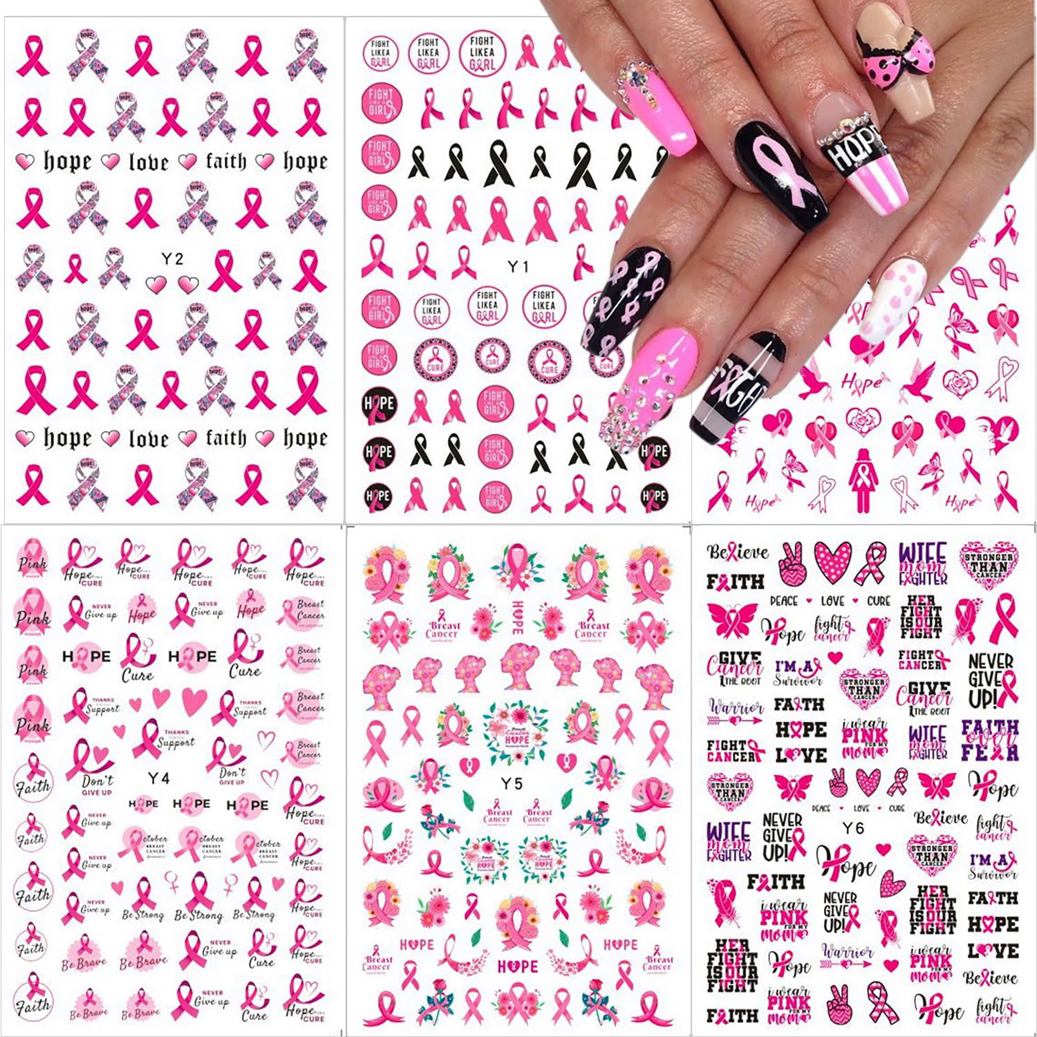 6 Sheets 3D Pink Ribbon Breast Cancer Awareness Nail Art Stickers - Self-Adhesive Heart & Letter Design Nail Decals for Women & Girls - Perfect for DIY Manicures, Fundraisers & Support Events