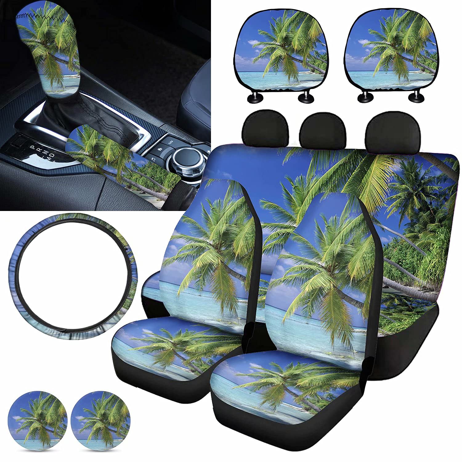 HUISEFOR Car Seat Covers Full Set - Front & Rear Seats, Headrest Covers, Steering Wheel Cover, Handbrake Cover - Tropical Palm Tree Beach Print - All-Weather Protection for Cars, SUVs, Trucks - Perfect for Road Trips, Beach Outings & Daily Commute