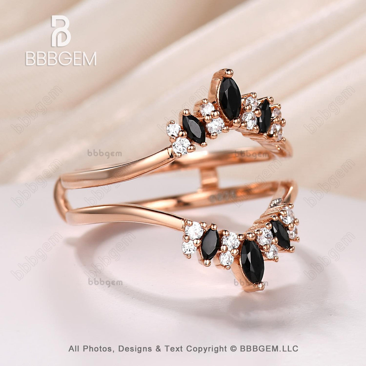 Marquise & Round Cut Black Onyx Diamond Chevron Wedding Band Ring Enhancer - Unique Rose Gold Curved Spinel Moissanite Bridal Jewelry for Engagement, Anniversary & Special Occasions