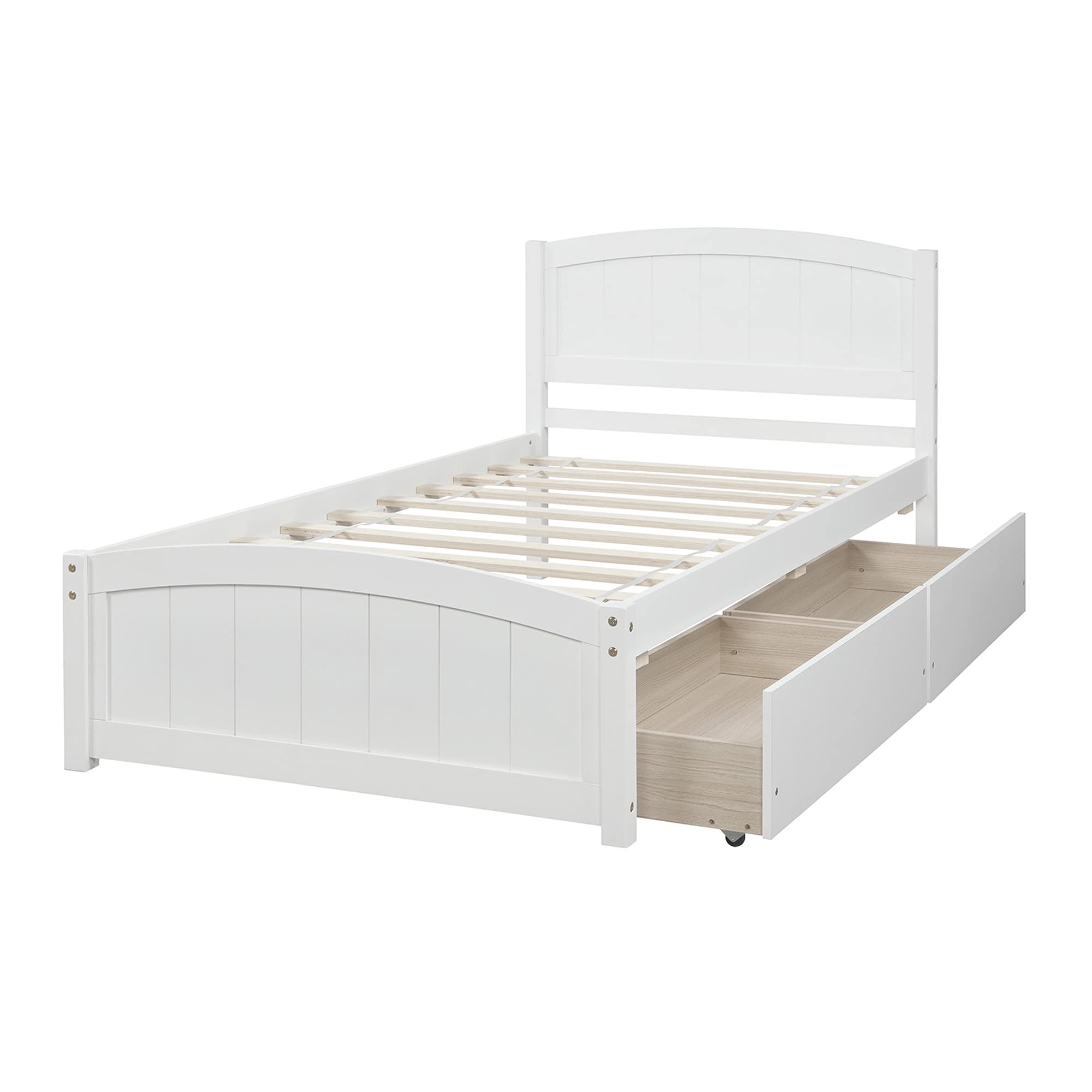 Twin Platform Bed Frame with 2 Storage Drawers - Solid Pine Wood, Space Saving Minimalist Design (White) - Perfect for Small Bedrooms, Kids Rooms & Guest Rooms
