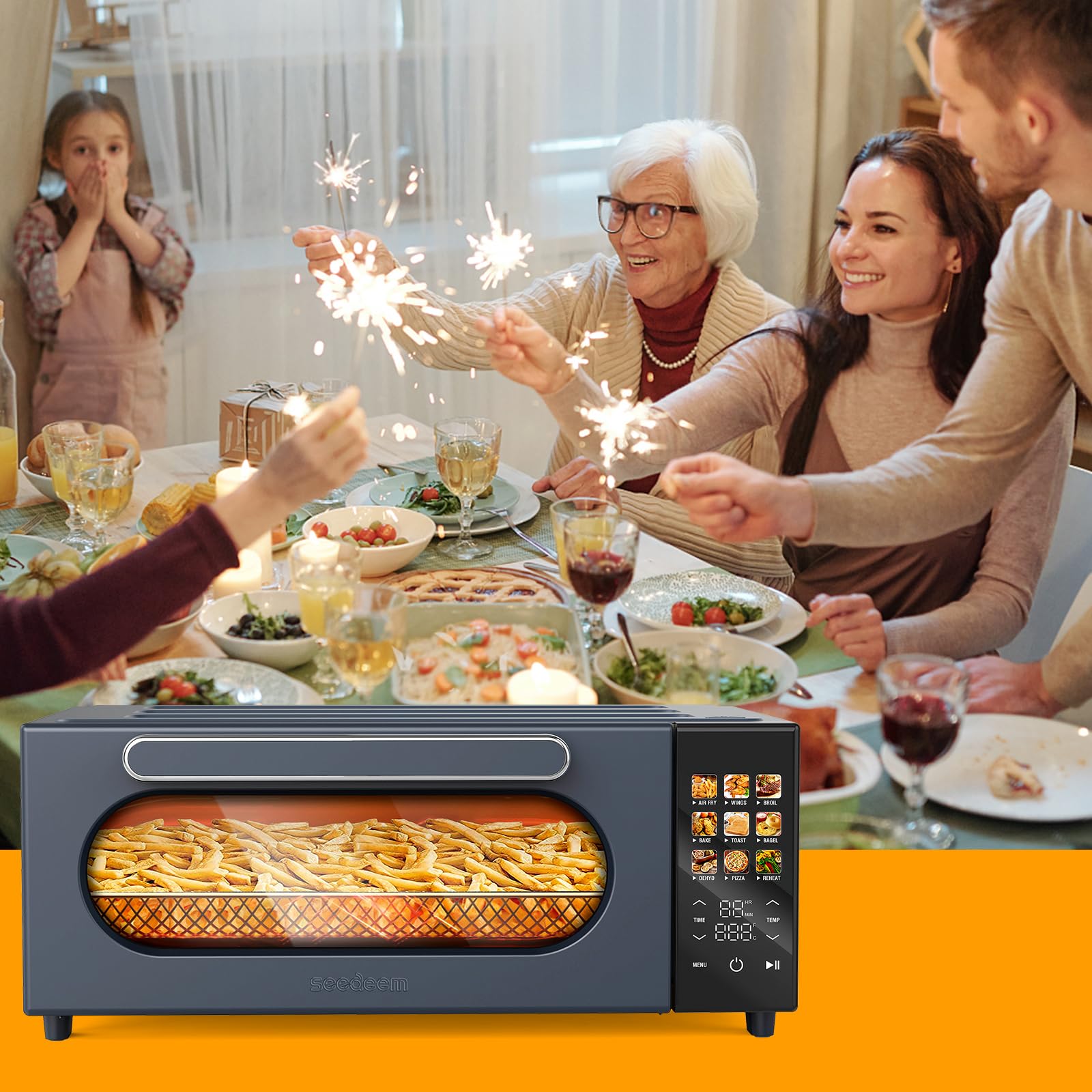 SEEDEEM 10-in-1 Air Fryer Toaster Oven with Convection - 15L Capacity, LCD Touch Screen Display, 1800W Countertop Oven for Baking, Roasting, Dehydrating - Includes 4 Accessories (Ash Gray) - Perfect for Small Kitchens, Dorms & RV Cooking