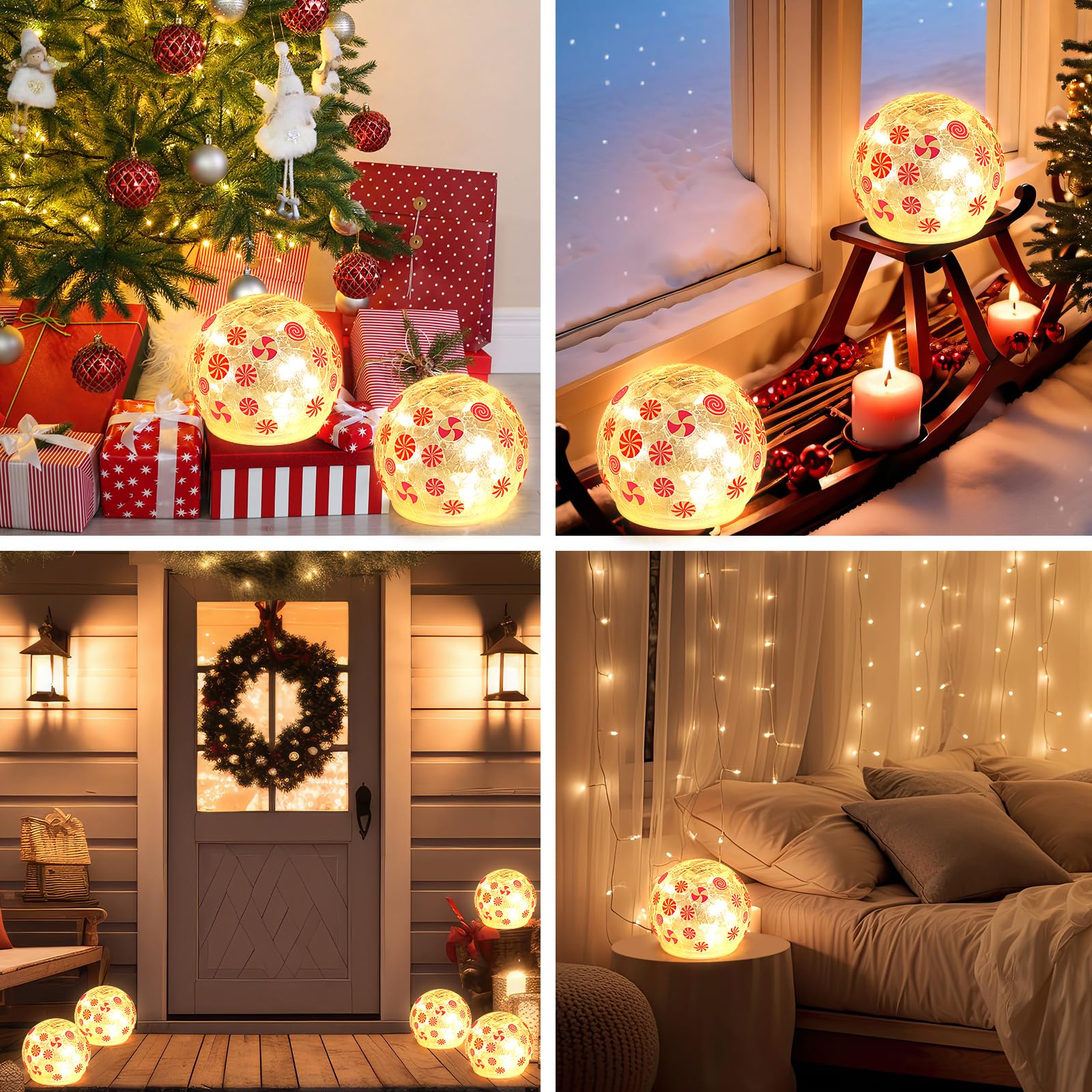 2 Pack Peppermint Christmas Lights Decorations - 3.9 Inch Battery Operated Crackle Glass Ball Lights, Candy Globe Night Lights for Christmas Tabletop Decor, Indoor Holiday Table Lamps - Perfect for Christmas Tree, Mantel, Centerpiece, and Festive Home Decor